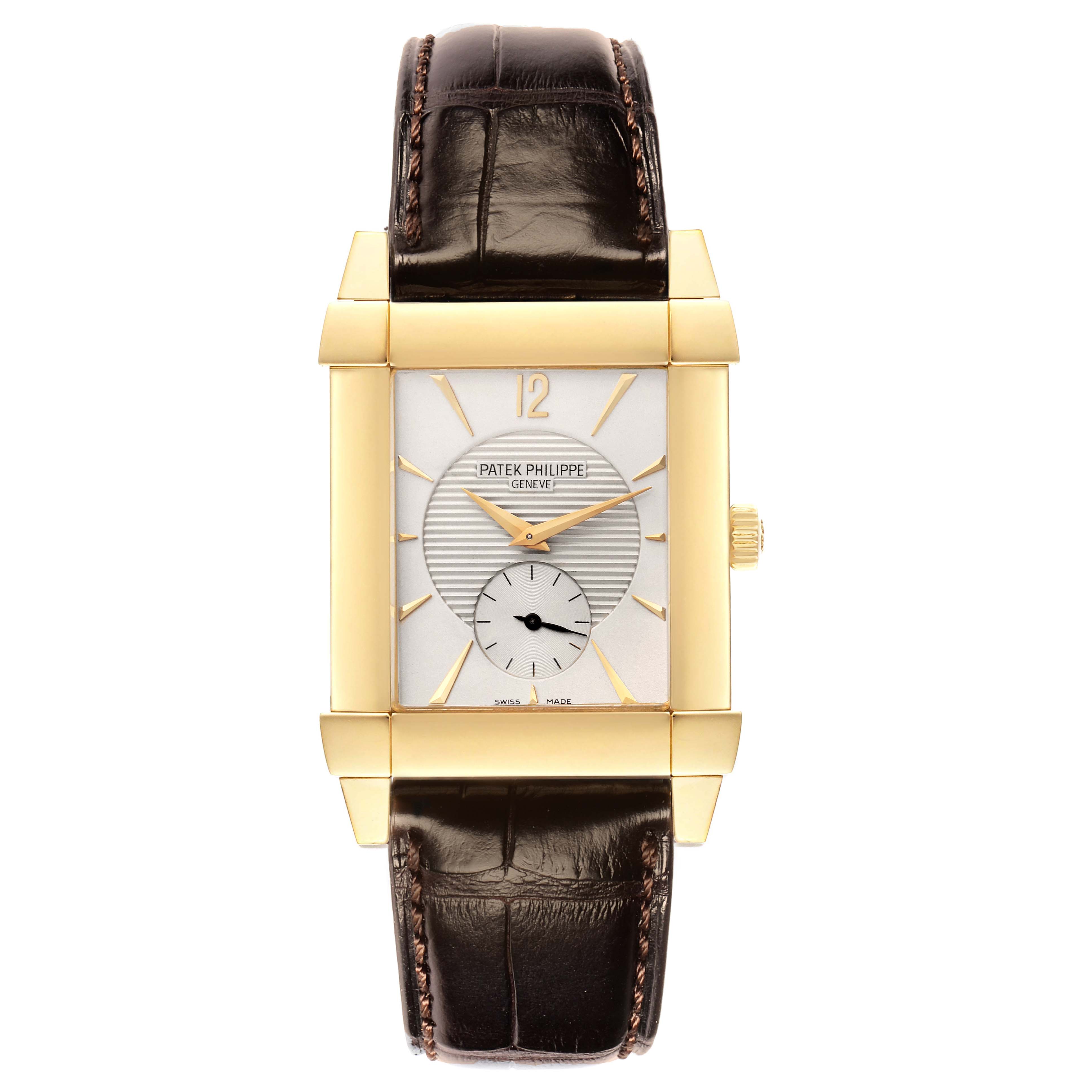 The image shows a front view of the Patek Philippe Gondolo model 5111J men's watch, highlighting its gold case, dial, and dark leather strap.