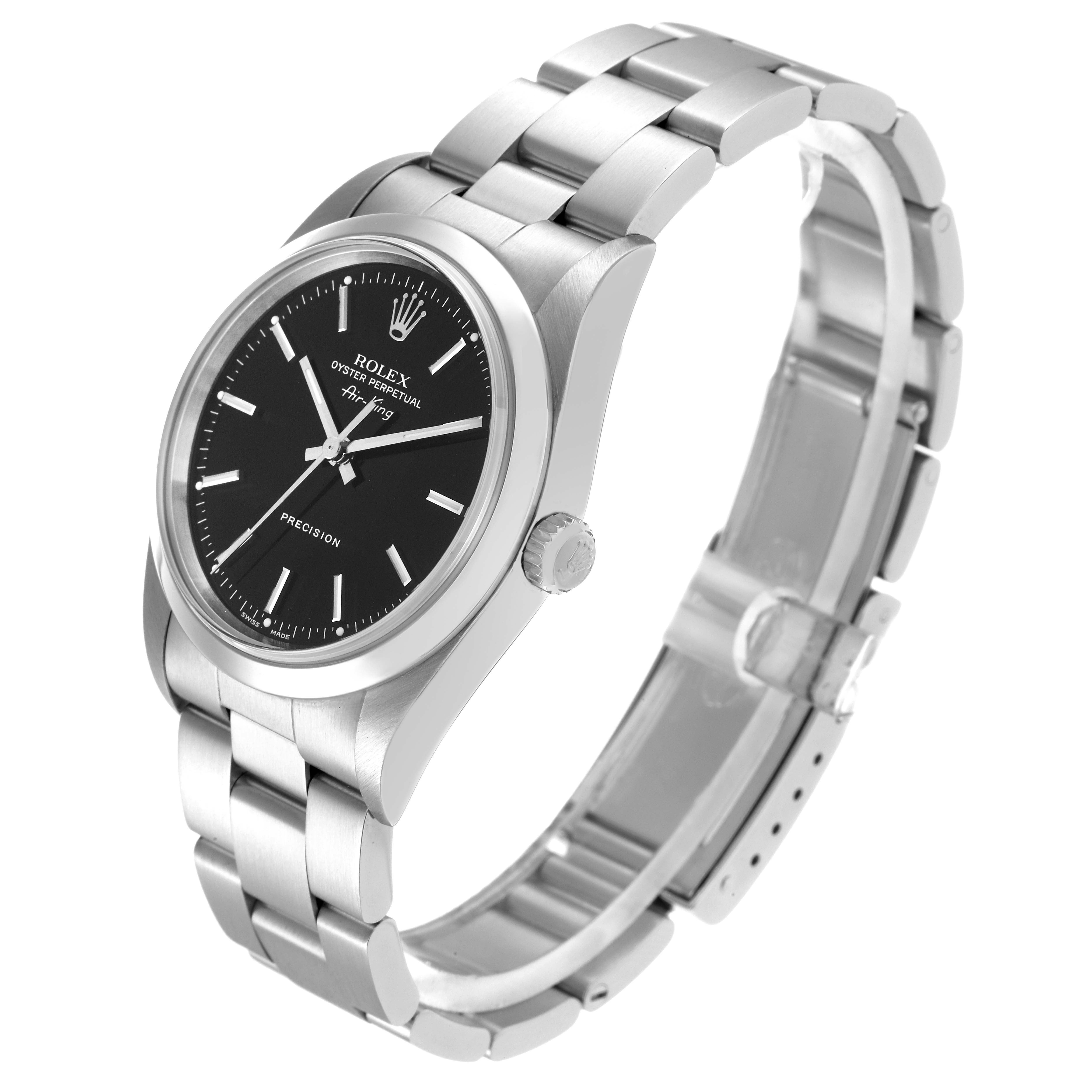 The Rolex Air-King model 14000 men's watch is shown at an angled view displaying the face, crown, and full bracelet in stainless steel.