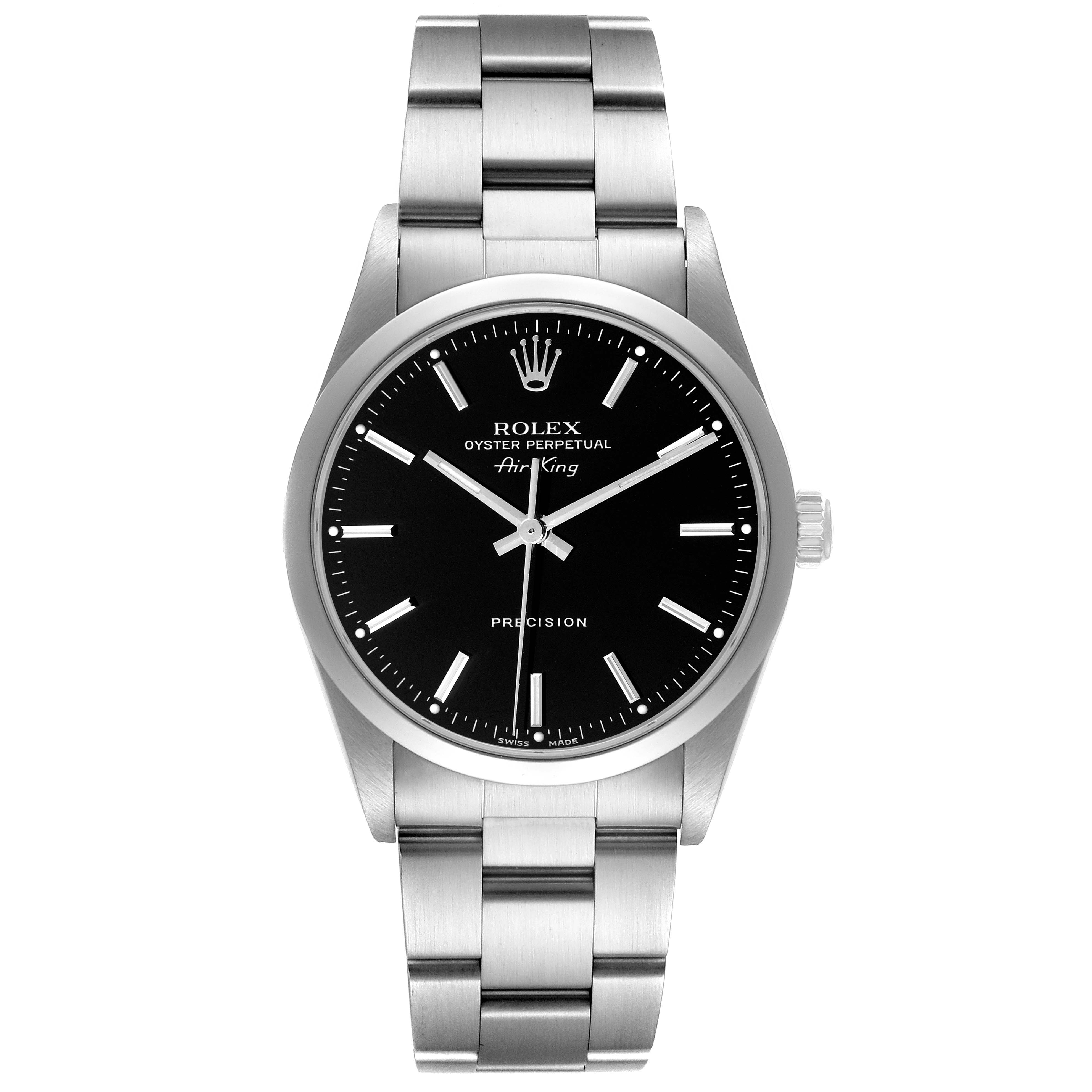 The Rolex Air-King model 14000 is shown from a front angle, displaying the black dial, markers, hands, bezel, and part of the bracelet.