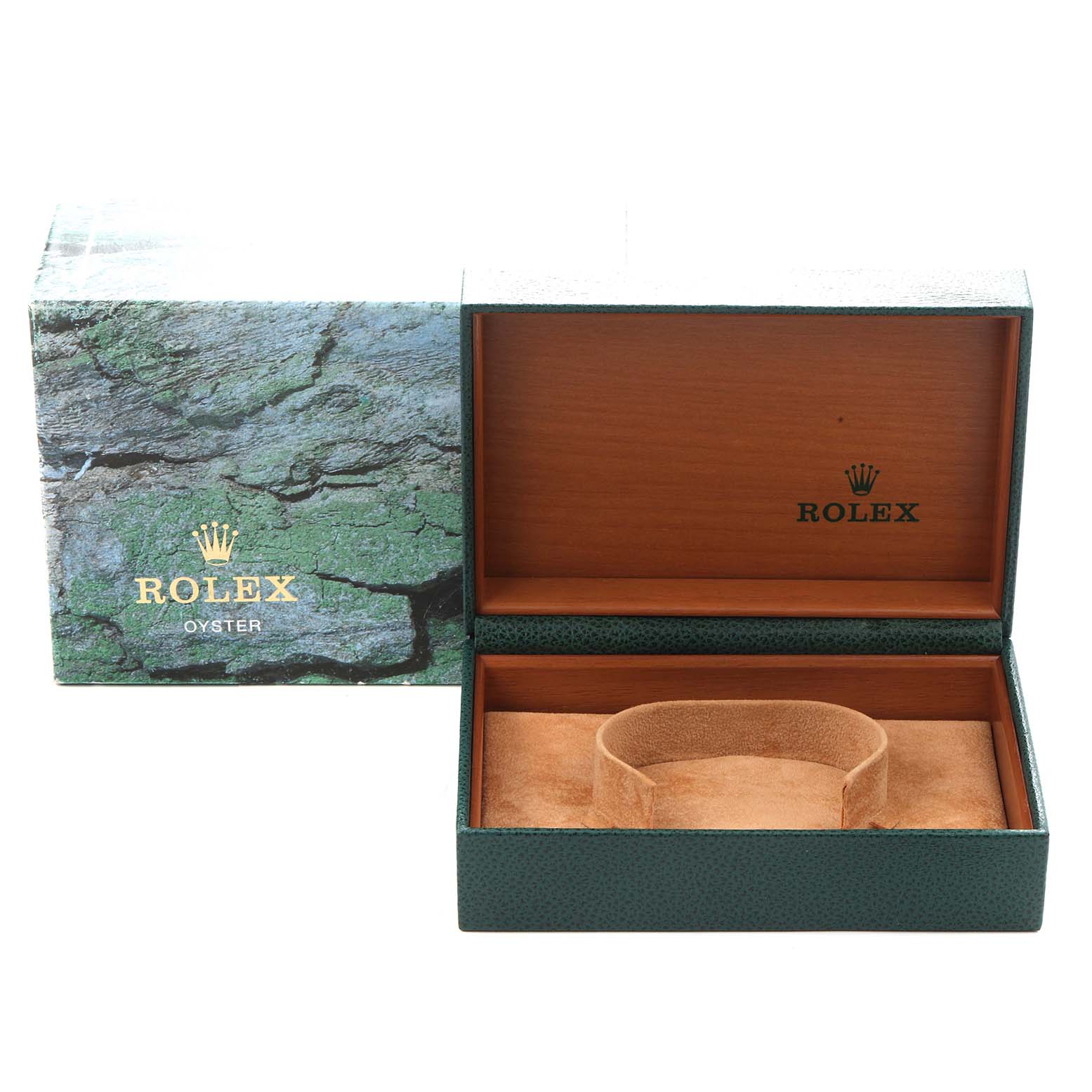 The image shows an open Rolex watch box for the Air-King model 14000, with a green and wood interior and an external decorative sleeve with a green texture.