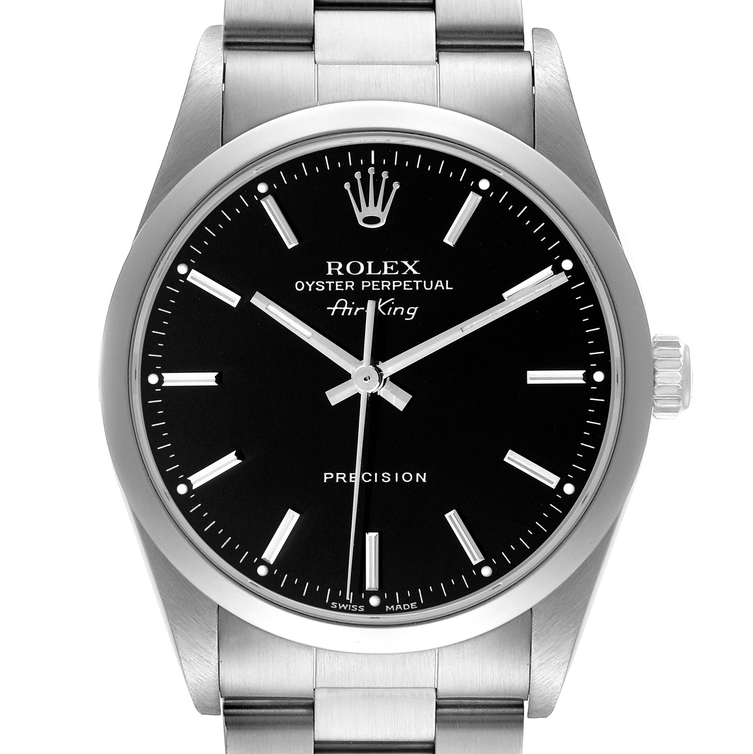 The image shows a Rolex Air-King model 14000 men's watch from a front angle, displaying its black dial, silver hour markers, hands, and stainless steel case and bracelet.