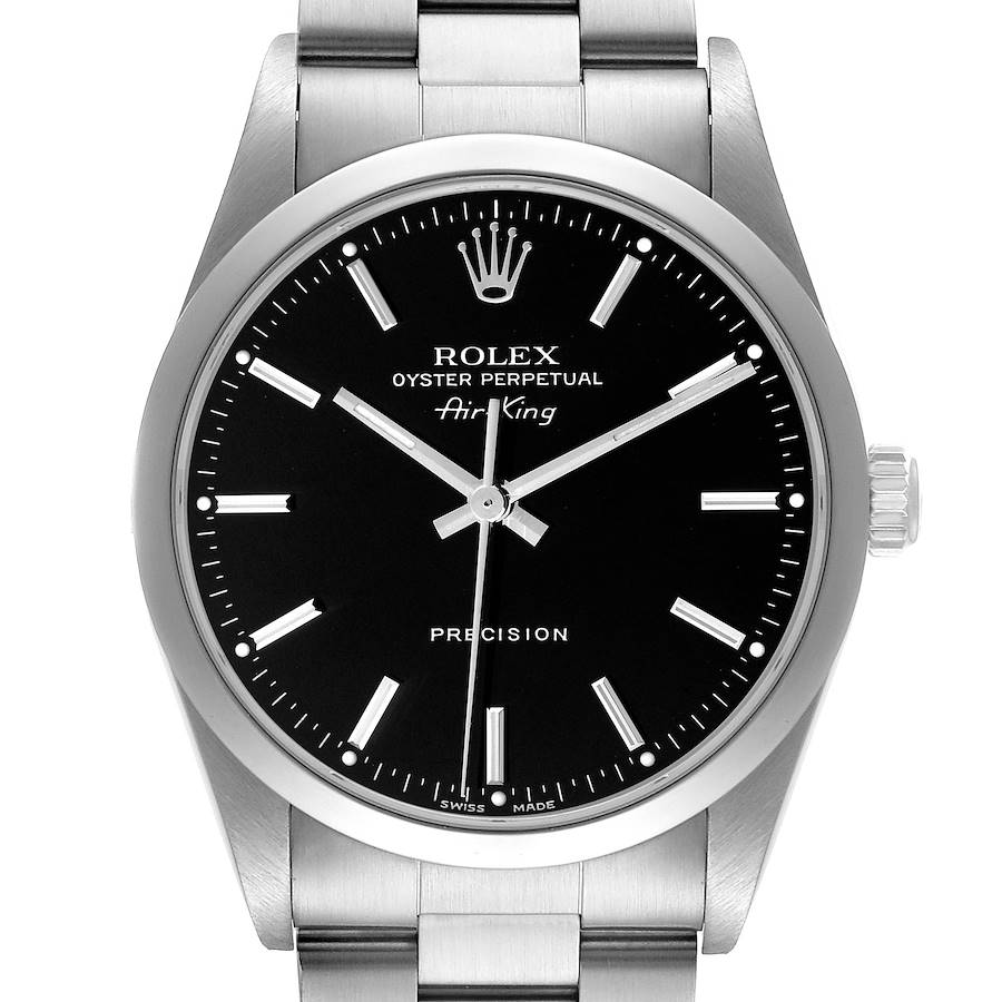 The image shows a Rolex Air-King model 14000 men's watch from a front angle, displaying its black dial, silver hour markers, hands, and stainless steel case and bracelet.