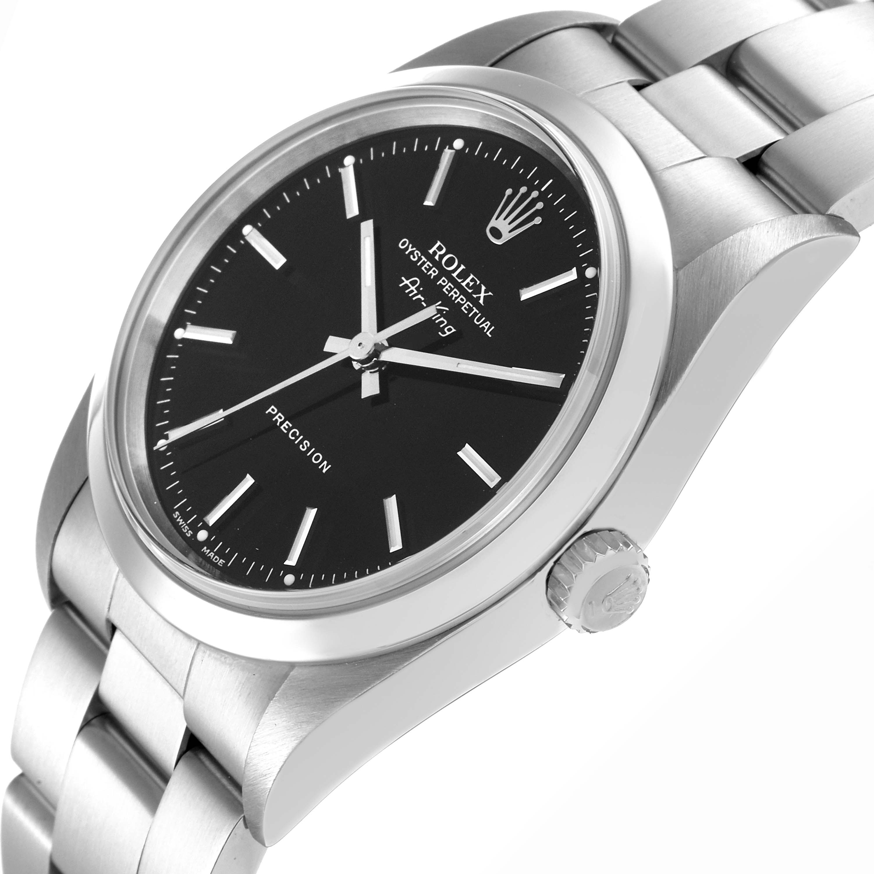 The image shows a Rolex Air-King model 14000 men's watch at an angled view, highlighting the black dial, crown, and stainless steel bracelet.