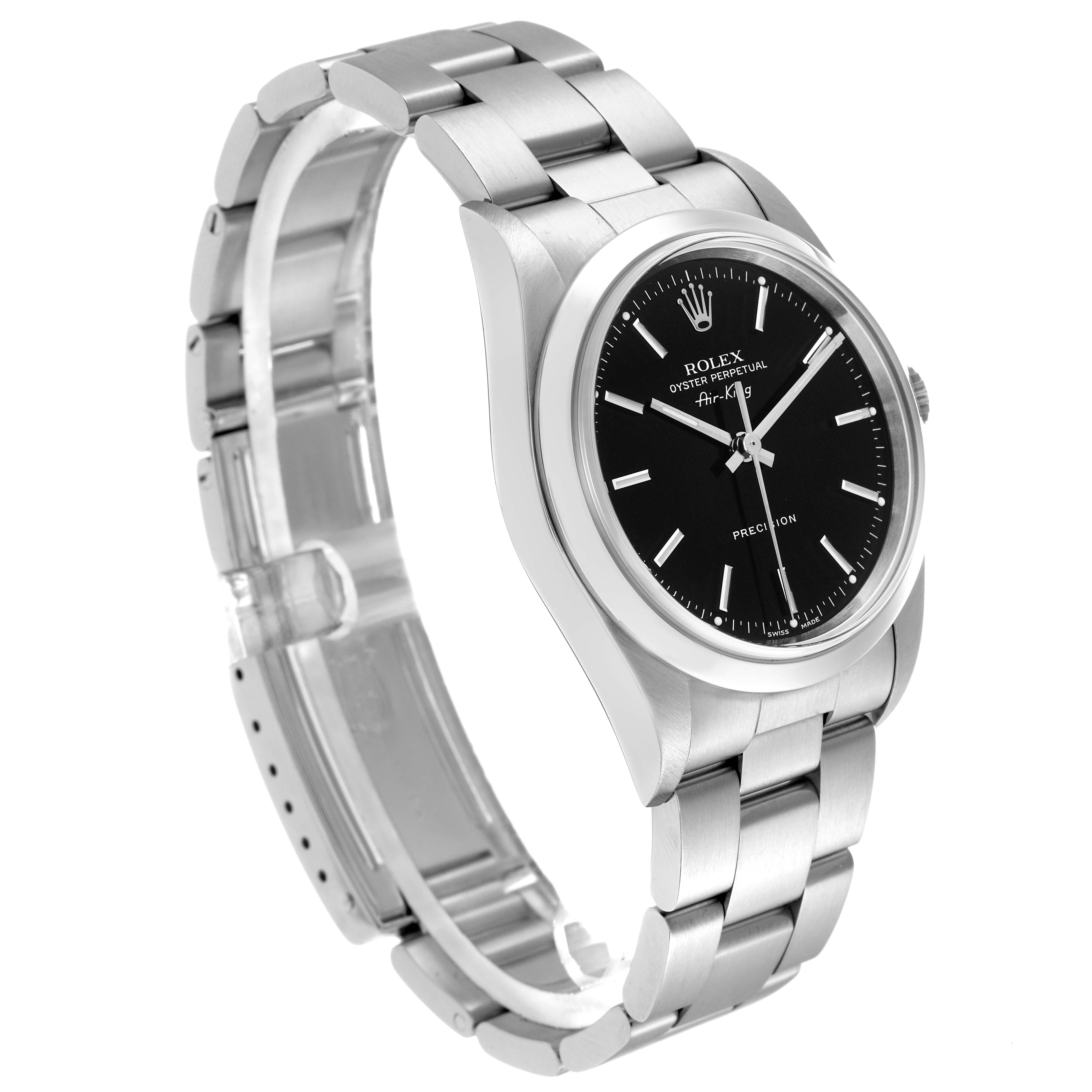 The Rolex Air-King model 14000 is shown at a three-quarter angle, displaying the watch face, case, and bracelet.