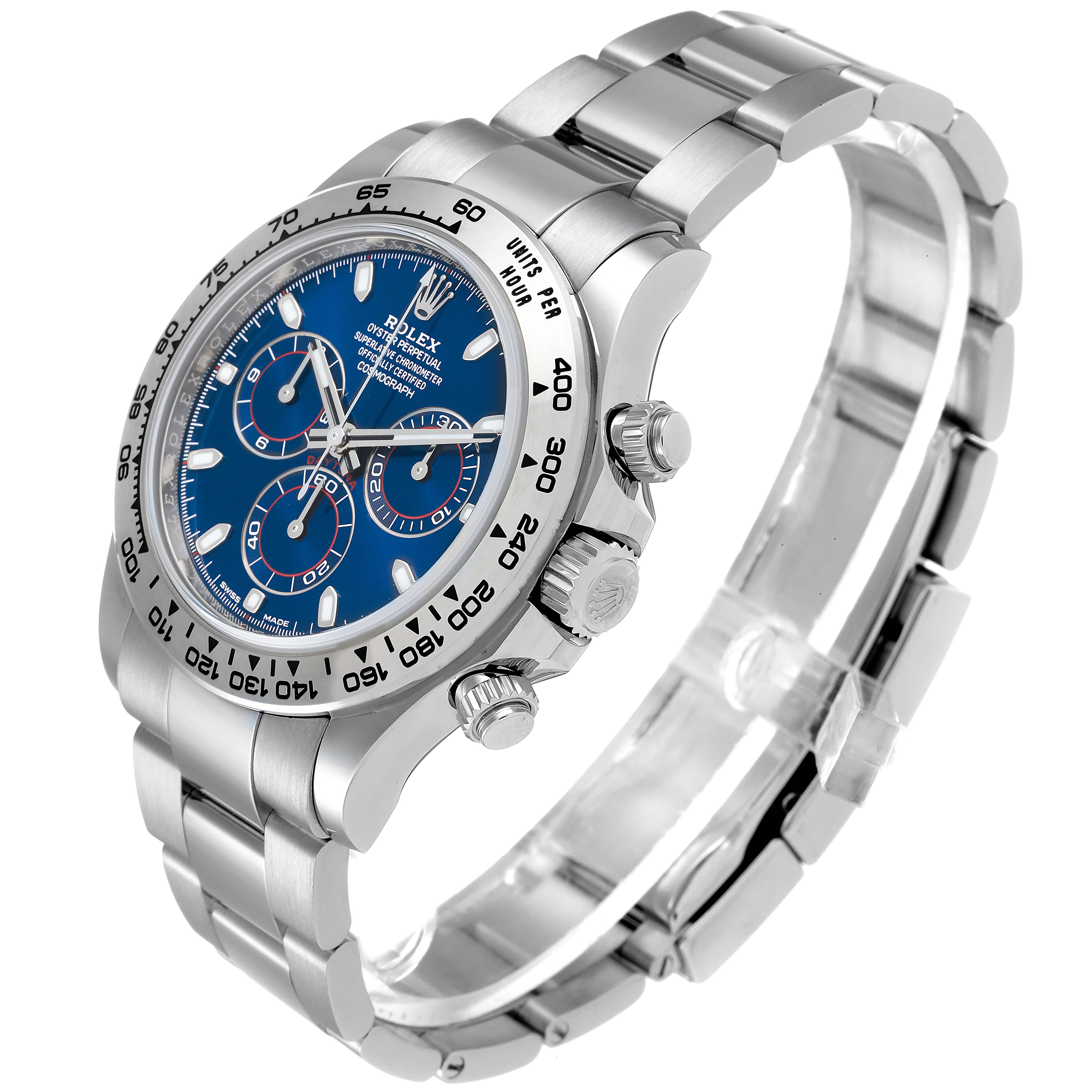 The image shows a Rolex Daytona 116509 Men's White Gold Blue Dial 116509 Men's White Gold Blue Dial watch at a slight angle, highlighting the blue dial, chronograph features, and stainless steel bracelet.