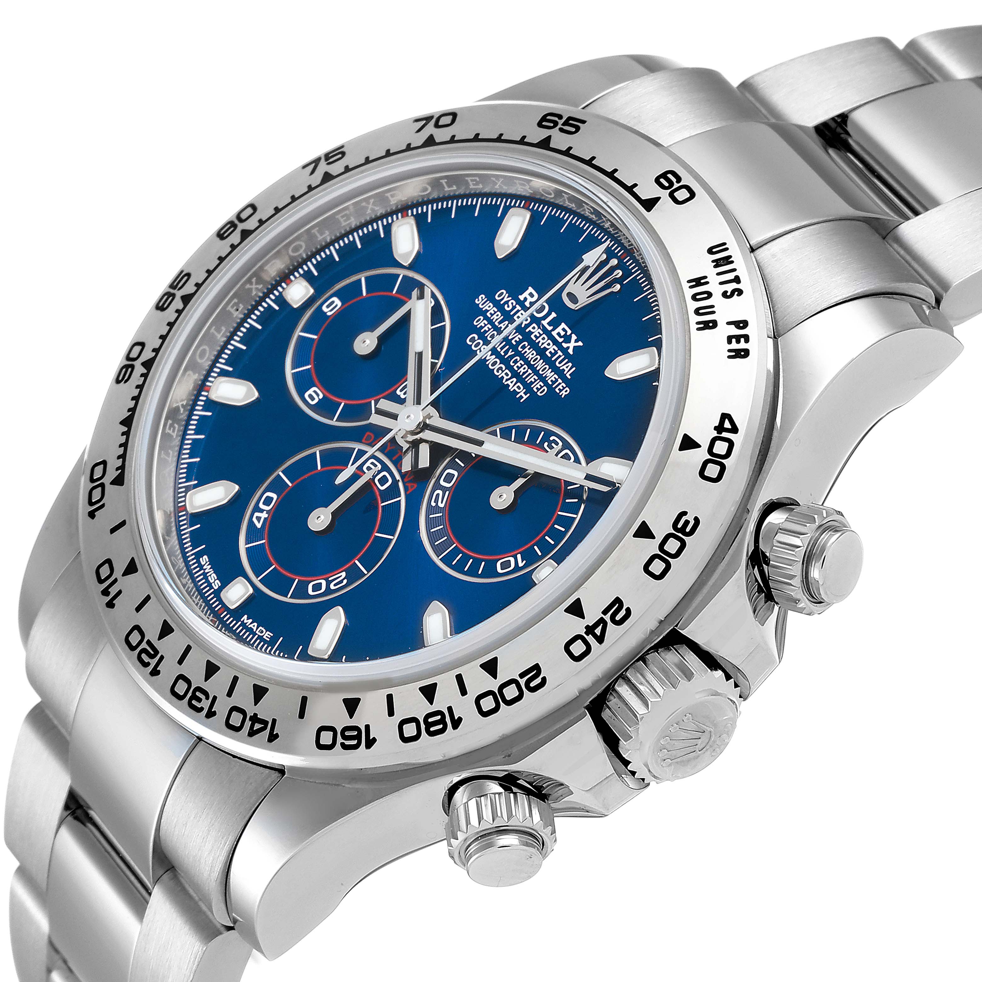 This image shows a close-up, angled view of the Rolex Daytona 116509 Men's White Gold Blue Dial 116509 Men's White Gold Blue Dial watch, highlighting the dial, bezel, and side buttons.