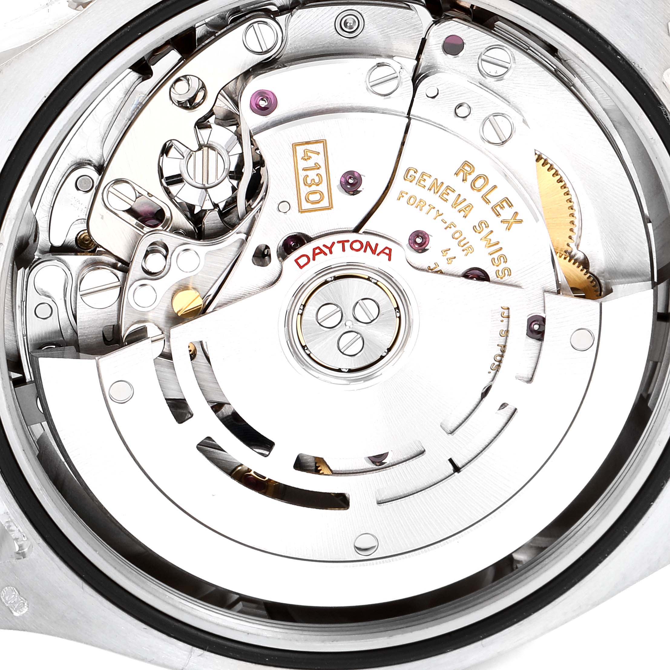 The image shows a close-up view of the internal movement mechanism of a Rolex Daytona 116509 Men's White Gold Blue Dial 116509 Men's White Gold Blue Dial watch.