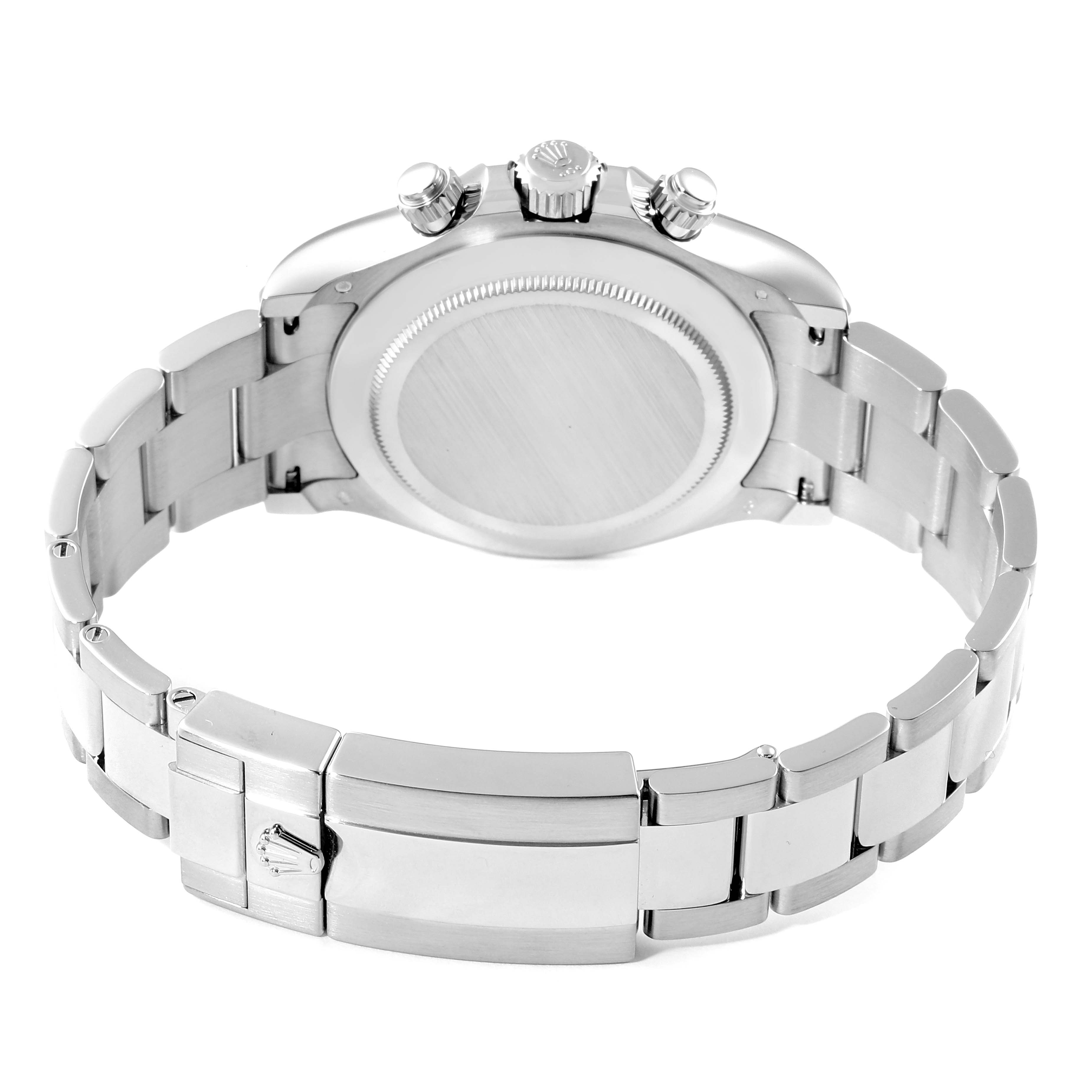 This image shows the back and clasp of a Rolex Daytona 116509 Men's White Gold Blue Dial 116509 Men's White Gold Blue Dial watch, highlighting its stainless steel bracelet.