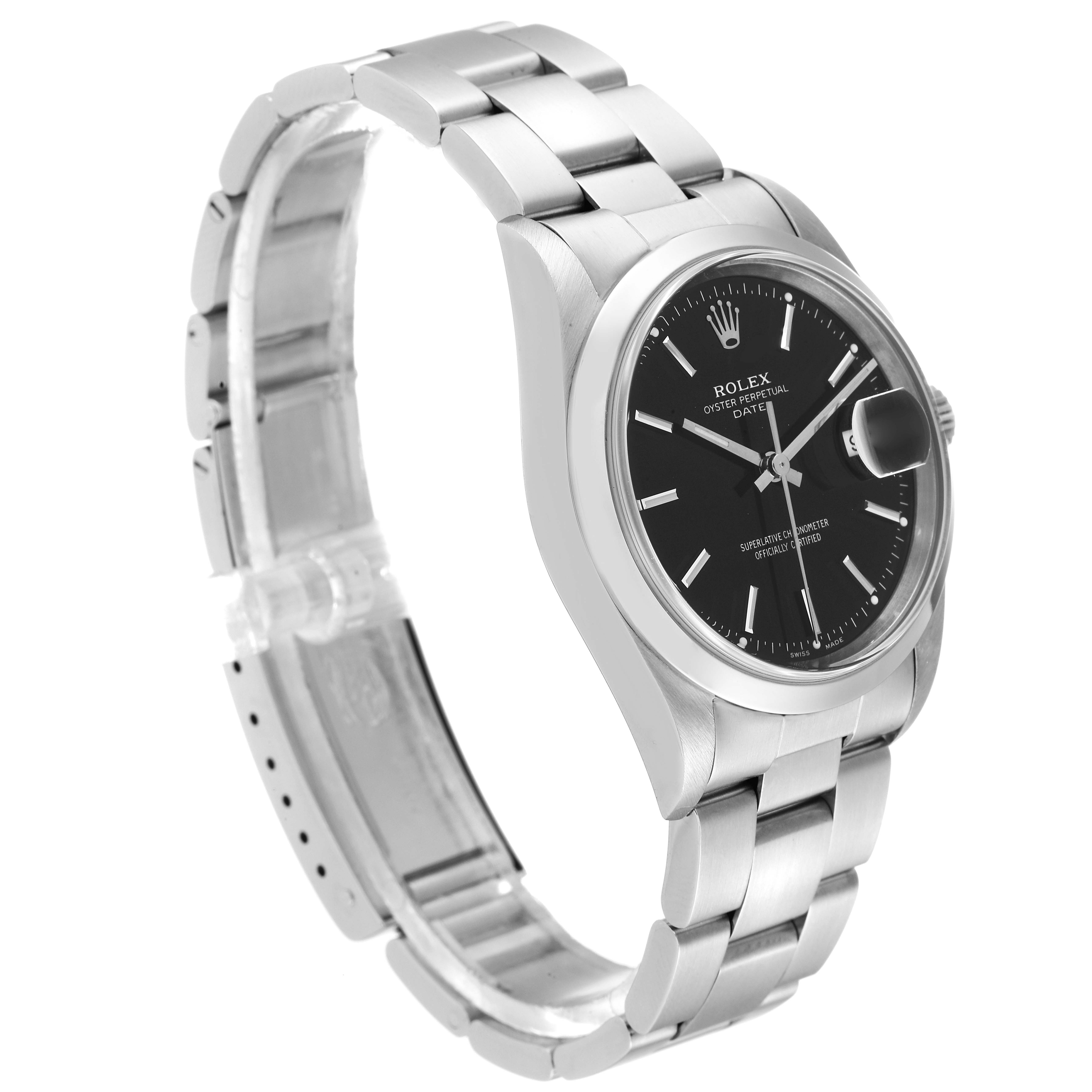 The image shows a Rolex Date 15200 Men's Stainless Steel Black Dial 15200 Men's Stainless Steel Black Dial model watch at a three-quarters angle, displaying its black dial, stainless steel bracelet, and date magnifier.