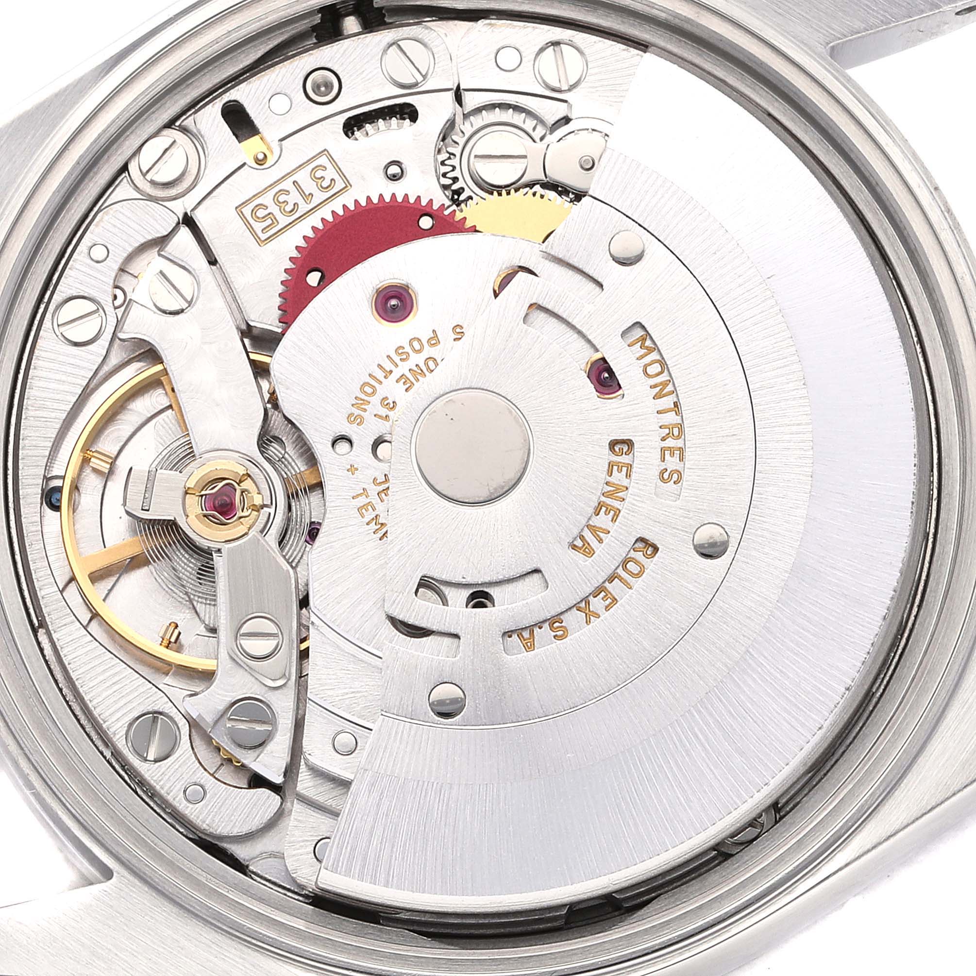 This image shows the internal mechanism of a Rolex Date 15200 Men's Stainless Steel Black Dial 15200 Men's Stainless Steel Black Dial model watch from a rear angle, revealing gears, screws, and the balance wheel.