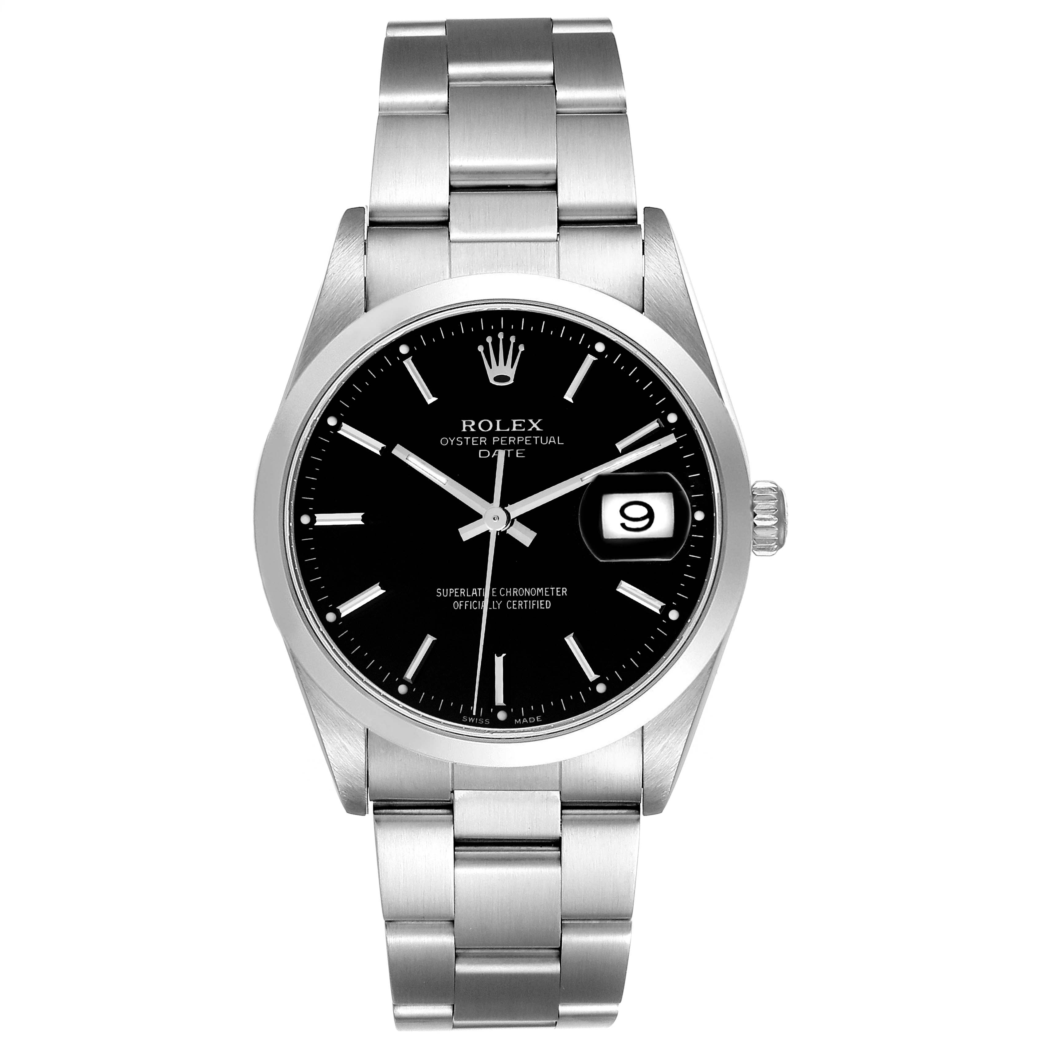 The image shows a full front view of a Rolex Date 15200 Men's Stainless Steel Black Dial 15200 Men's Stainless Steel Black Dial model watch, displaying its bezel, dial, bracelet, and date window.