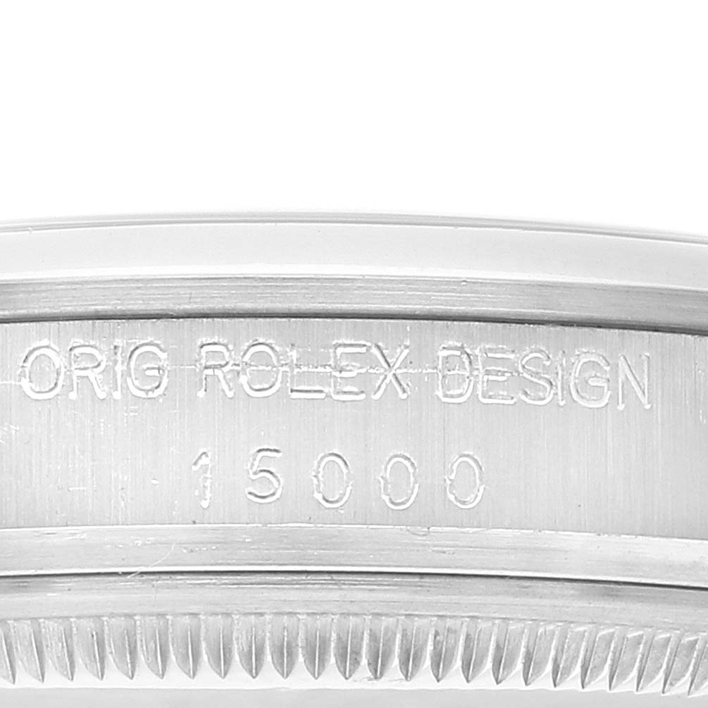 The image shows a close-up of the side engraving on a Rolex Date 15000 Men's Stainless Steel Silver Dial 15000 Men's Stainless Steel Silver Dial model, highlighting the serial and design number.