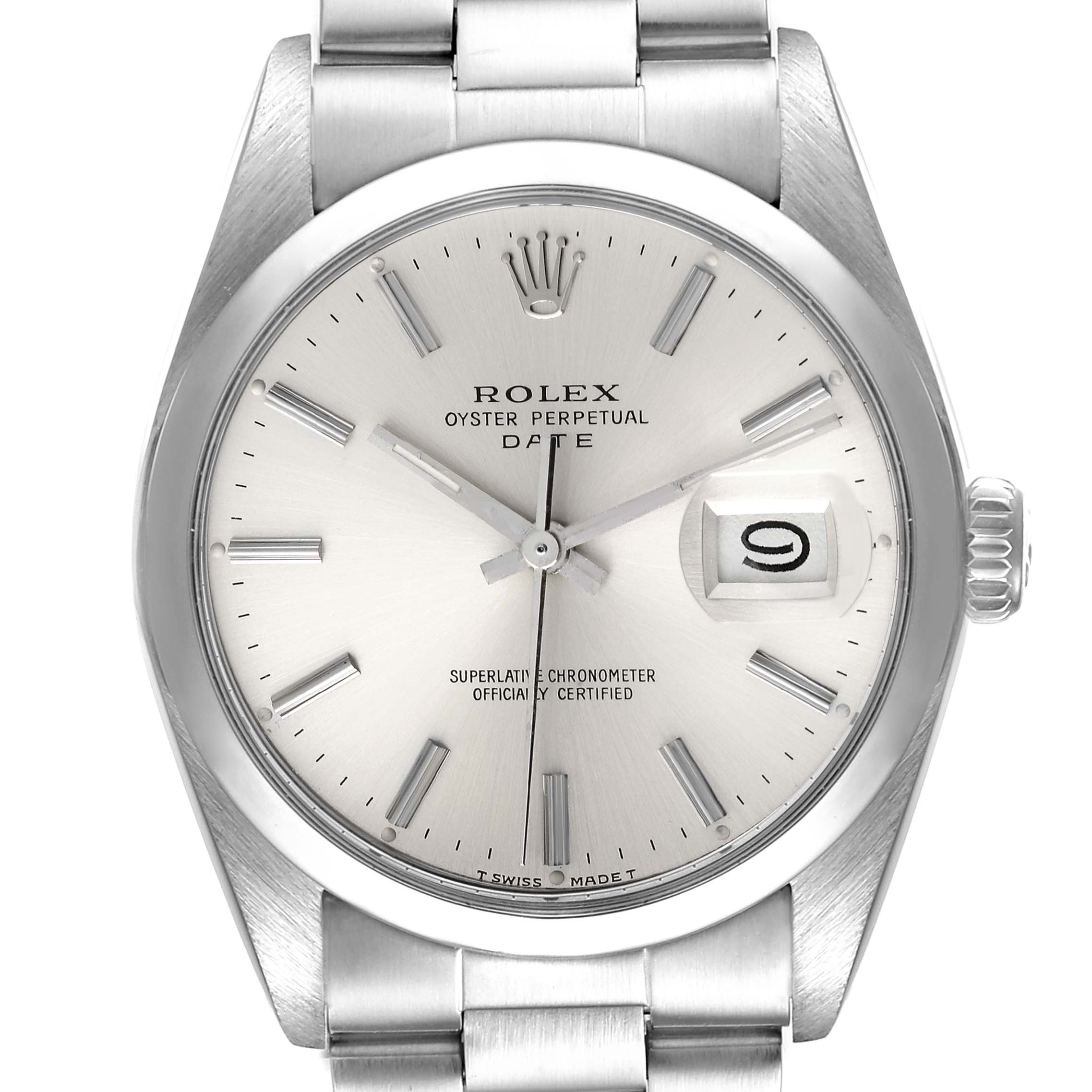 This image shows a front view of a Rolex Oyster Perpetual Date watch, highlighting the dial, date window, and part of the bracelet.