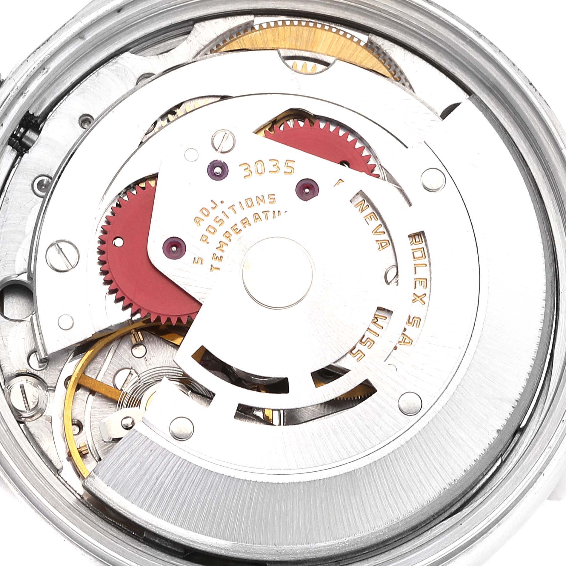 The image shows the internal mechanical movement of a Rolex Date 15000 Men's Stainless Steel Silver Dial 15000 Men's Stainless Steel Silver Dial model watch, specifically the Caliber 3035.
