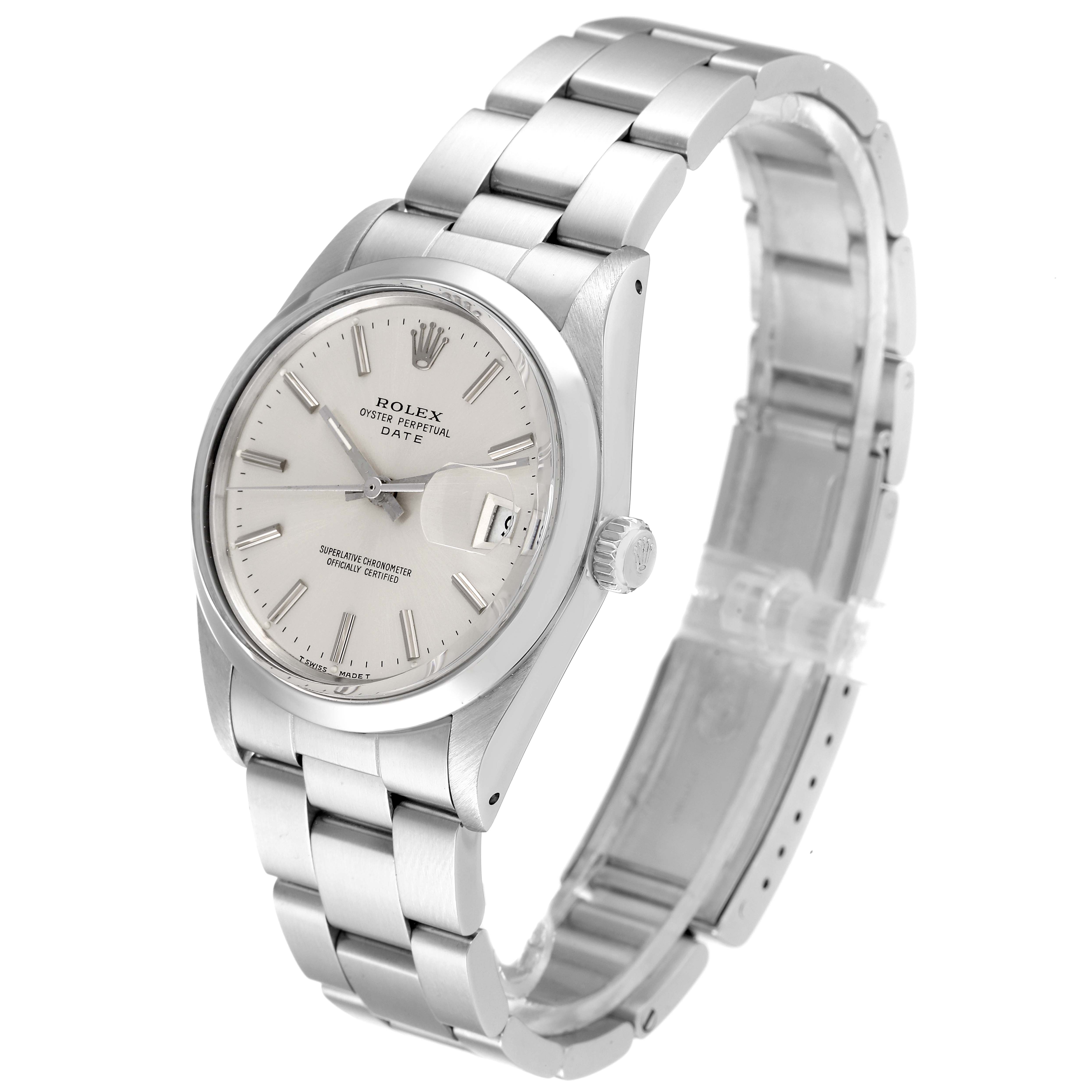 The image shows a Rolex Date 15000 Men's Stainless Steel Silver Dial 15000 Men's Stainless Steel Silver Dial model watch at a three-quarter angle, displaying the face, crown, and metal bracelet.