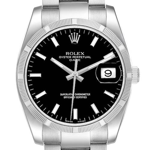 The Rolex Date 115210 Men's Stainless Steel Black Dial watch is shown from a front angle, highlighting the dial, bezel, and bracelet.