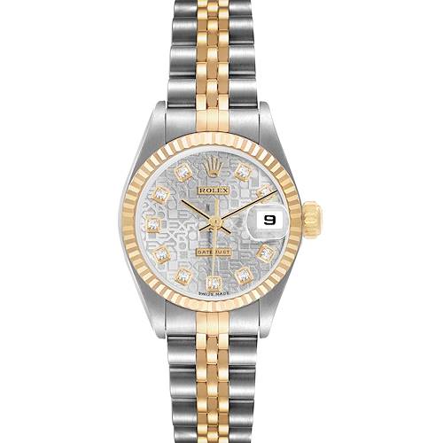 The Rolex Datejust 79173 Women's Steel and Gold (two tone) Silver Dial watch is shown from the front, displaying the dial, case, bezel, crown, and bracelet.