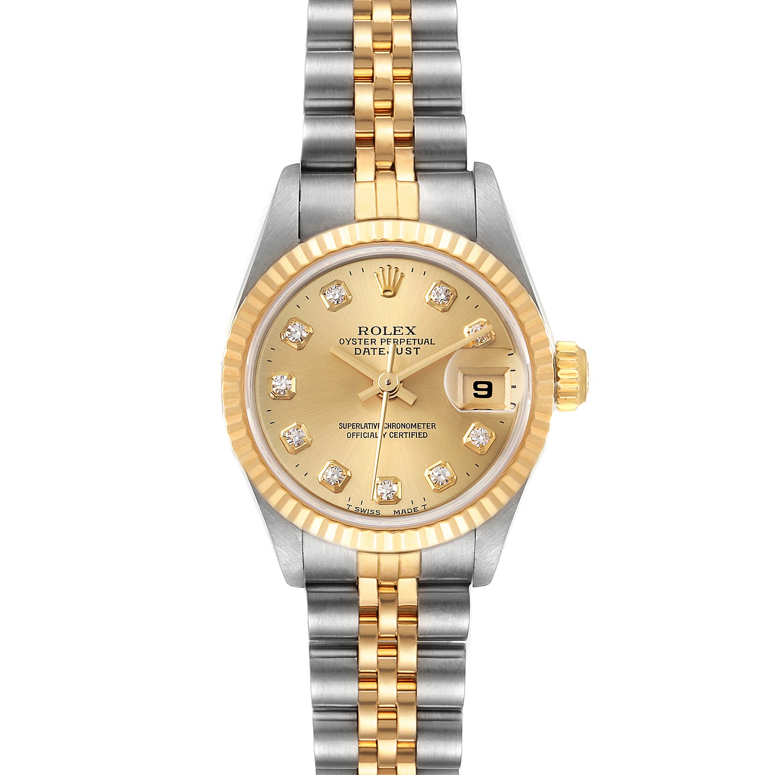 The image shows a Rolex Datejust 69173 Women's Steel and Gold (two tone) Champagne Dial 69173 Women's Steel and Gold (two tone) Champagne Dial watch from a front angle, highlighting its dial, bezel, bracelet, and crown.