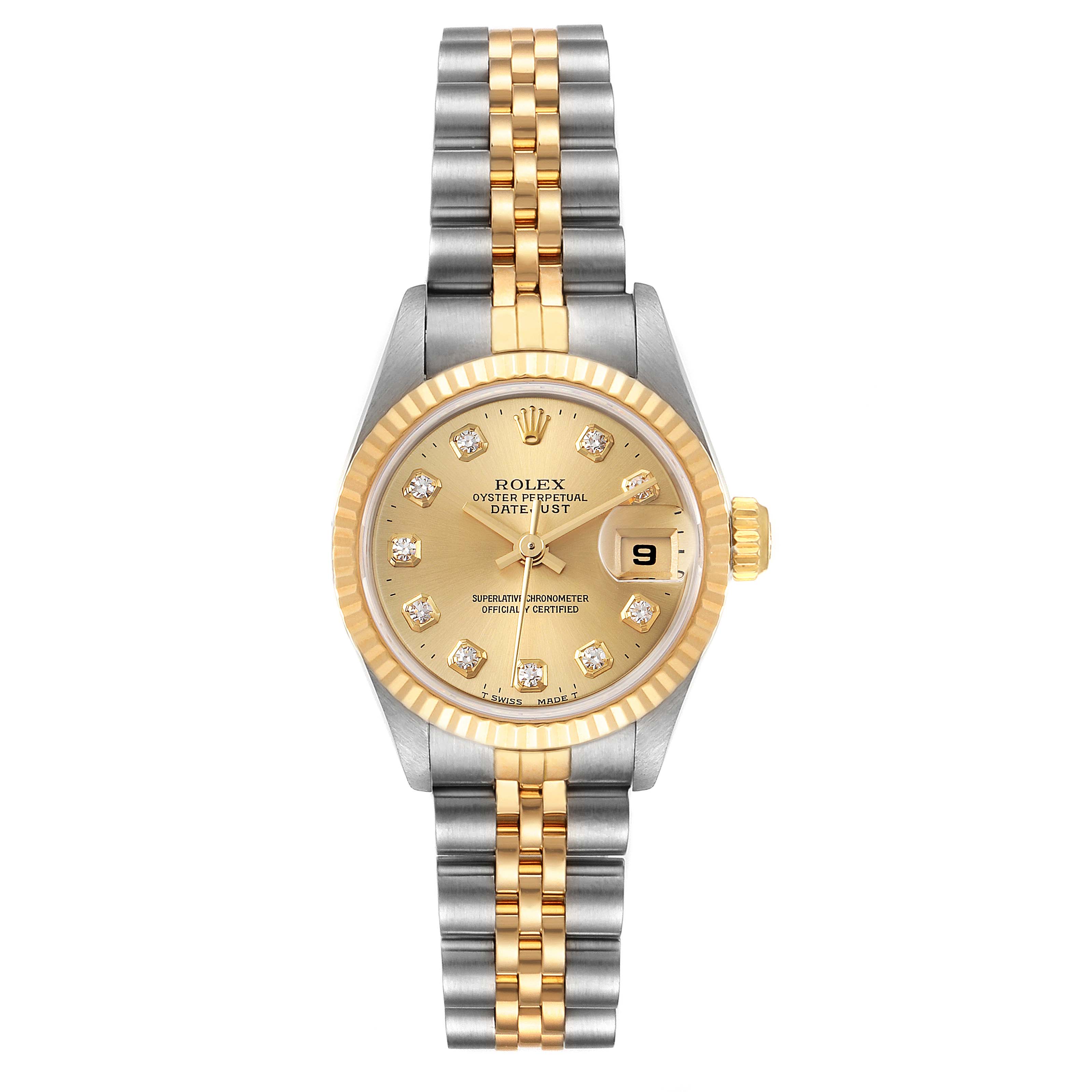 This image shows a front view of a Rolex Datejust 69173 Women's Steel and Gold (two tone) Champagne Dial 69173 Women's Steel and Gold (two tone) Champagne Dial watch, highlighting the dial, bezel, bracelet, and crown.