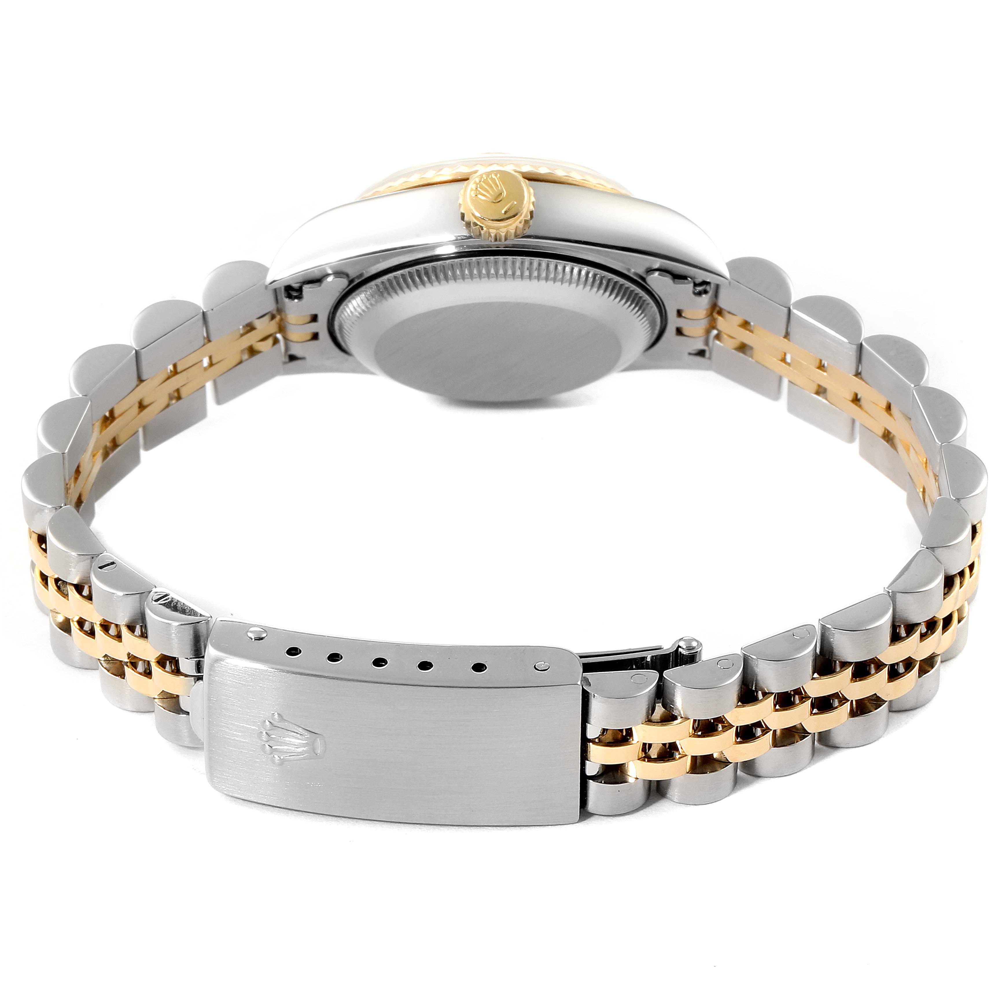 The image shows the back and side views of a Rolex Datejust 69173 Women's Steel and Gold (two tone) Champagne Dial 69173 Women's Steel and Gold (two tone) Champagne Dial watch, highlighting the clasp, case back, and bracelet.