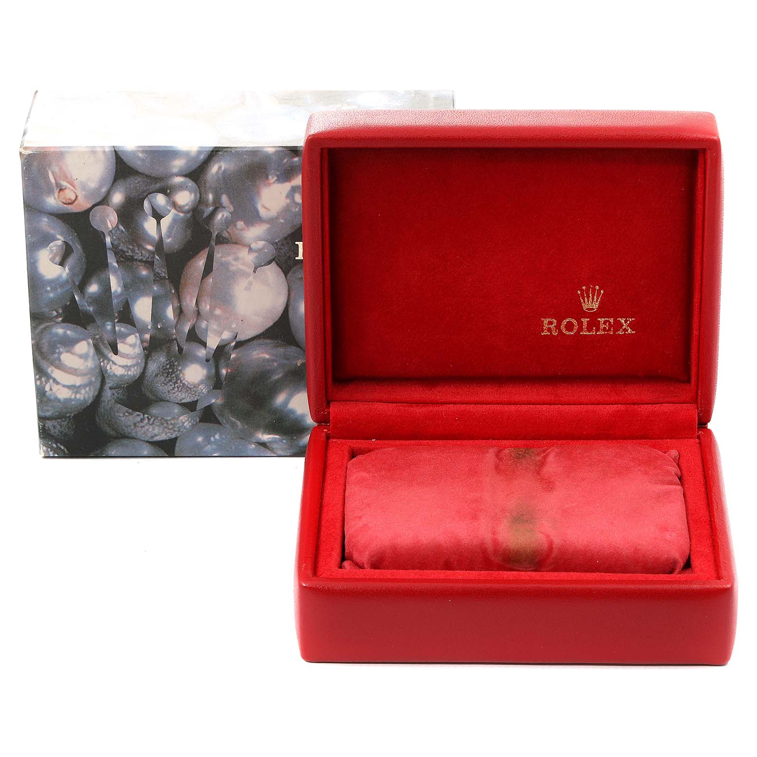 This image shows a Rolex Datejust 69173 Women's Steel and Gold (two tone) Champagne Dial 69173 Women's Steel and Gold (two tone) Champagne Dial watch box, open, displaying the interior lining and logo, with the exterior box in the background.