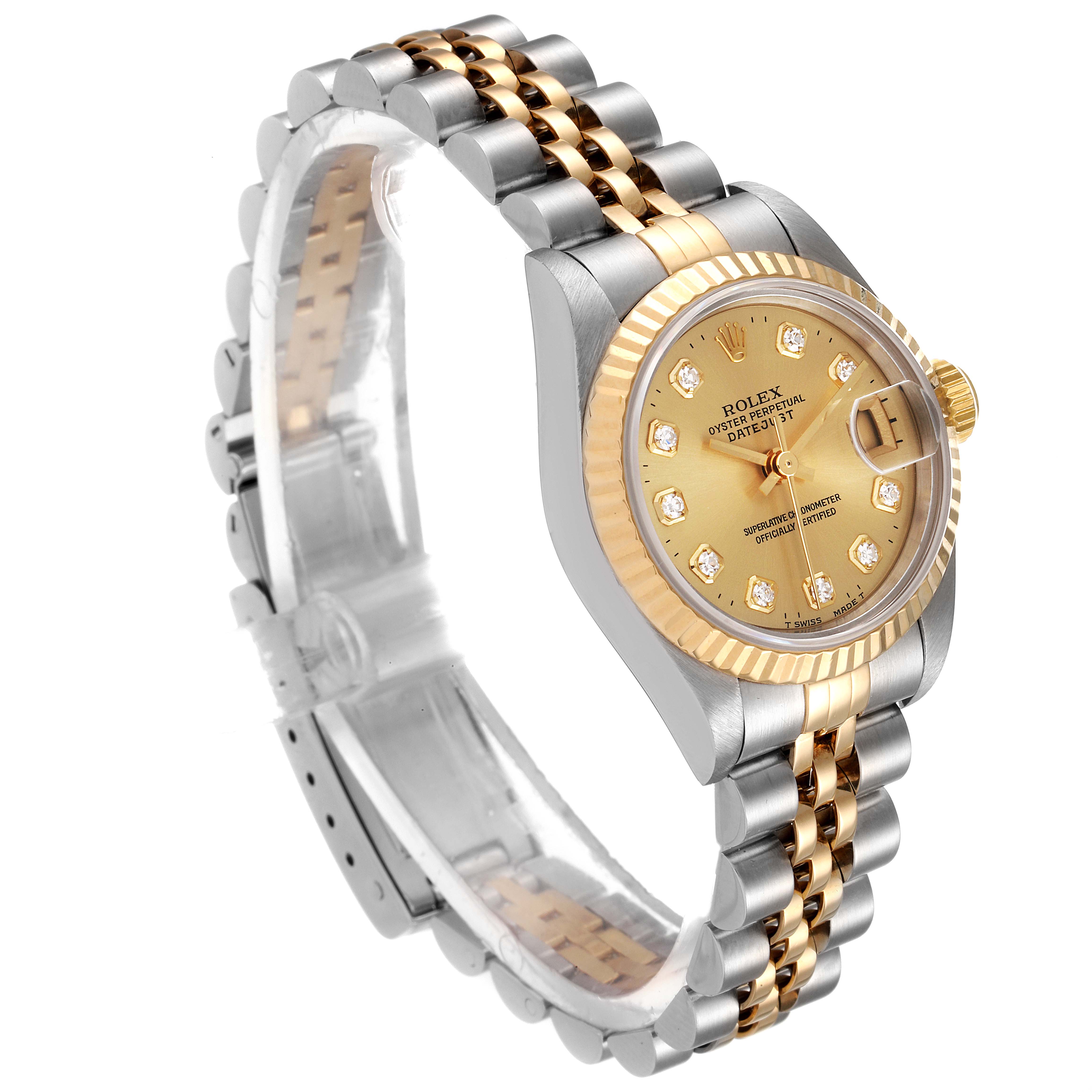 This Rolex Datejust 69173 Women's Steel and Gold (two tone) Champagne Dial 69173 Women's Steel and Gold (two tone) Champagne Dial watch is shown at an angle, highlighting its two-tone metal bracelet, fluted bezel, and diamond hour markers.