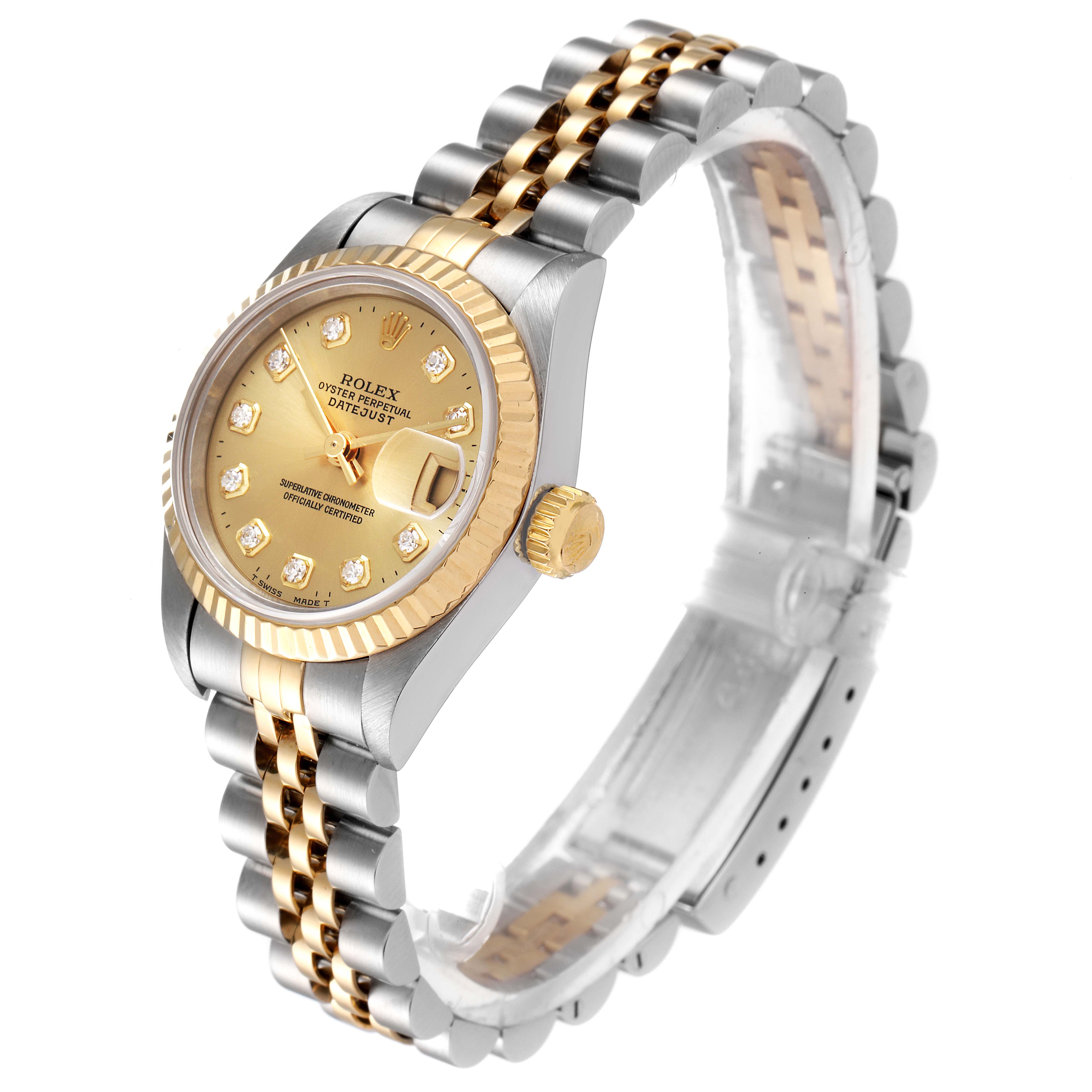 This Rolex Datejust 69173 Women's Steel and Gold (two tone) Champagne Dial 69173 Women's Steel and Gold (two tone) Champagne Dial watch is shown at a 3/4 angle, displaying the face, bezel, crown, and bracelet.