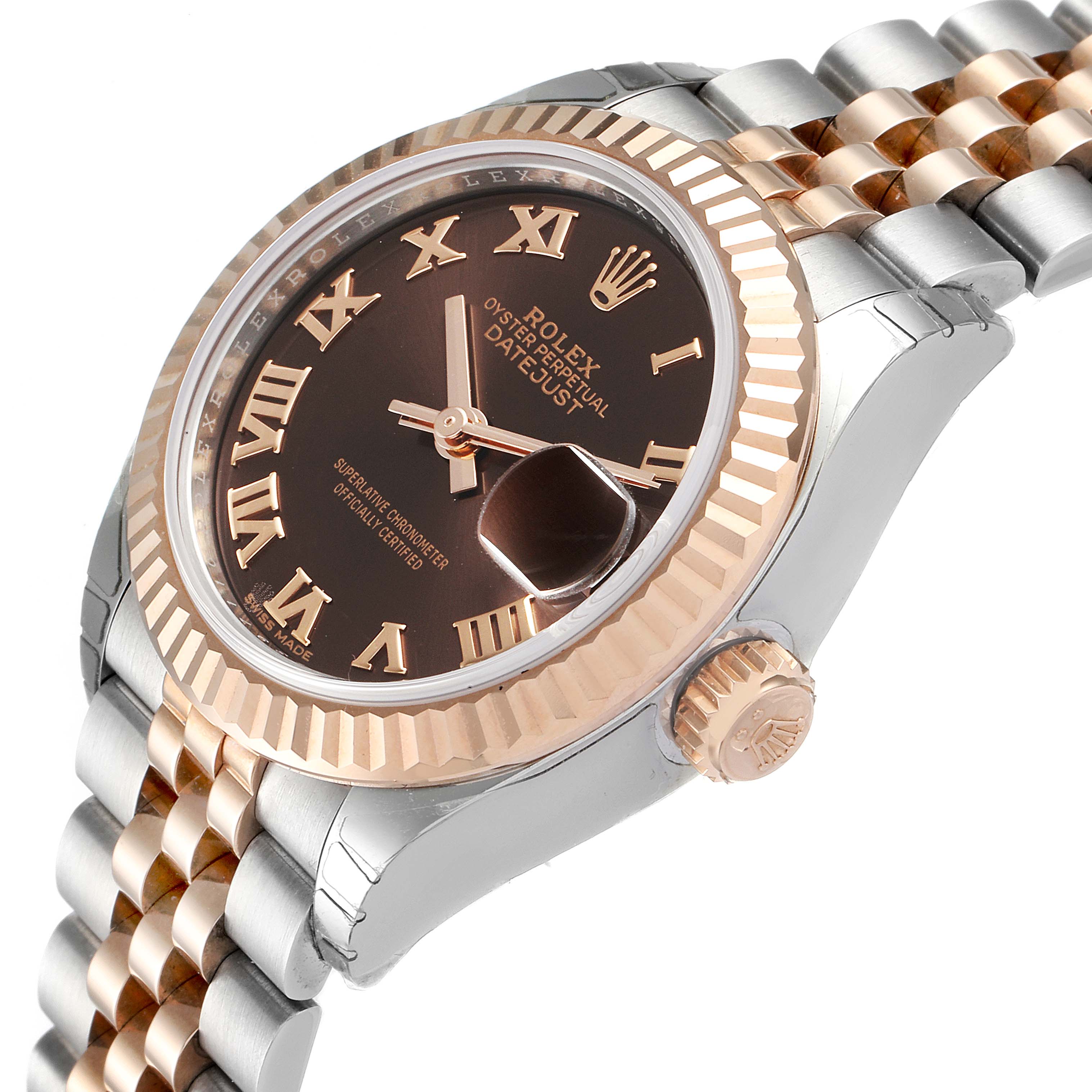 The image shows a close-up side angle of a Rolex Datejust 279171 Women's Steel and Gold (two tone) Brown Dial 279171 Women's Steel and Gold (two tone) Brown Dial watch featuring its bezel, dial, crown, and part of the bracelet.