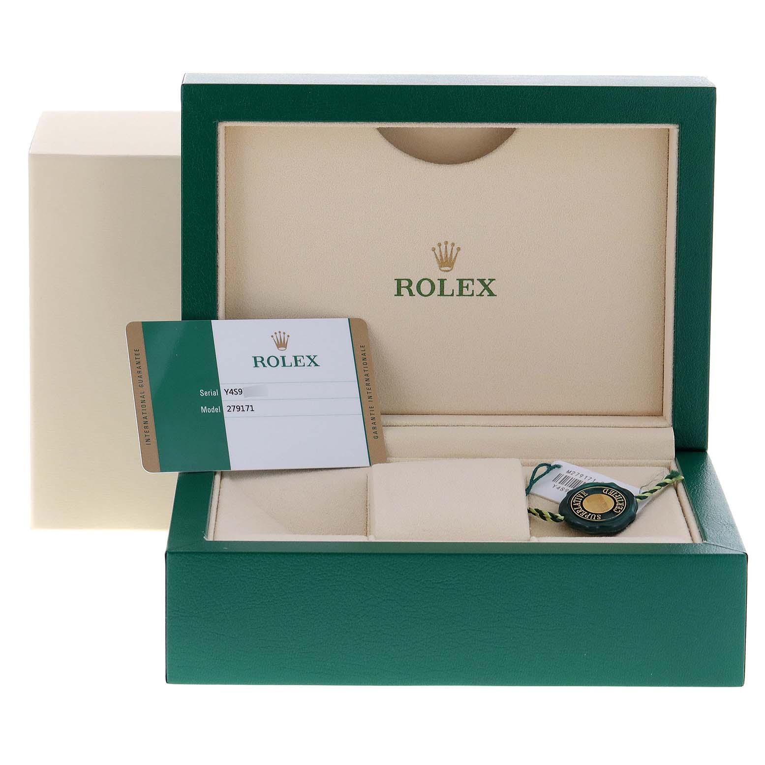 The image shows a Rolex Datejust 279171 Women's Steel and Gold (two tone) Brown Dial 279171 Women's Steel and Gold (two tone) Brown Dial watch box, warranty card, and tag, but not the watch itself.