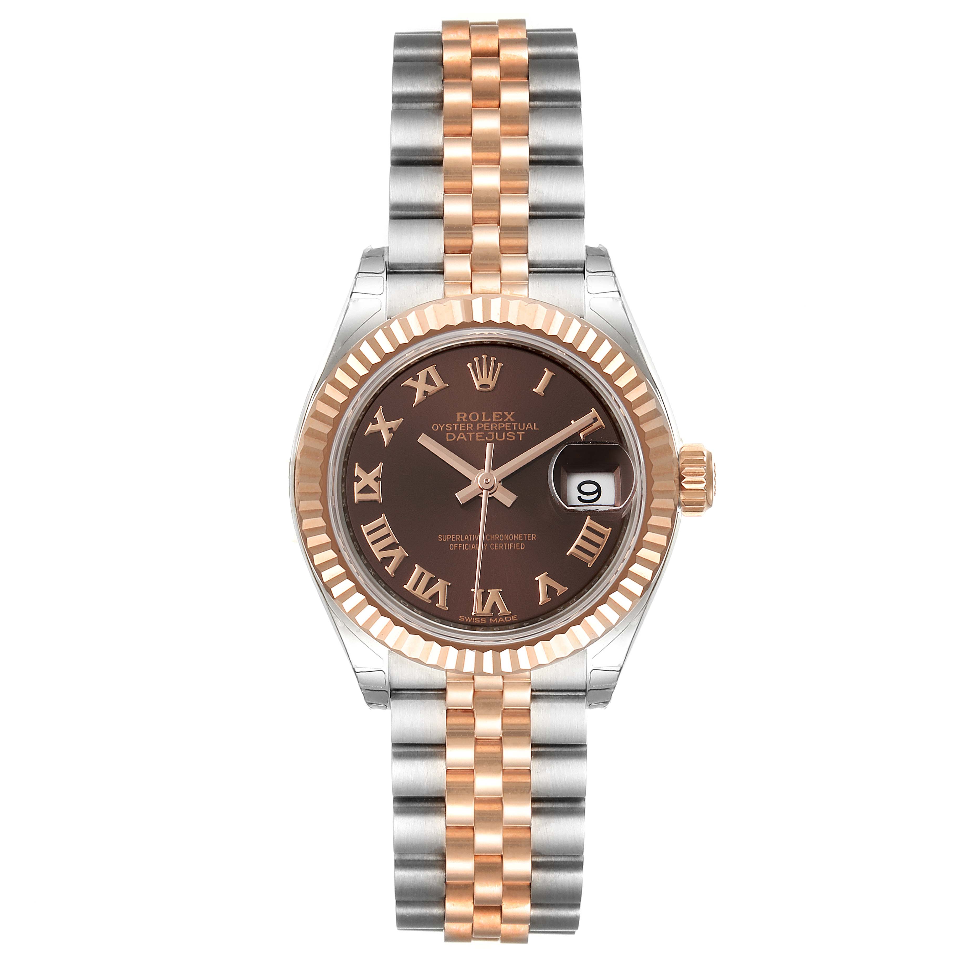 The Rolex Datejust 279171 Women's Steel and Gold (two tone) Brown Dial 279171 Women's Steel and Gold (two tone) Brown Dial model is shown from a top-down view, displaying the face, bezel, case, and bracelet.