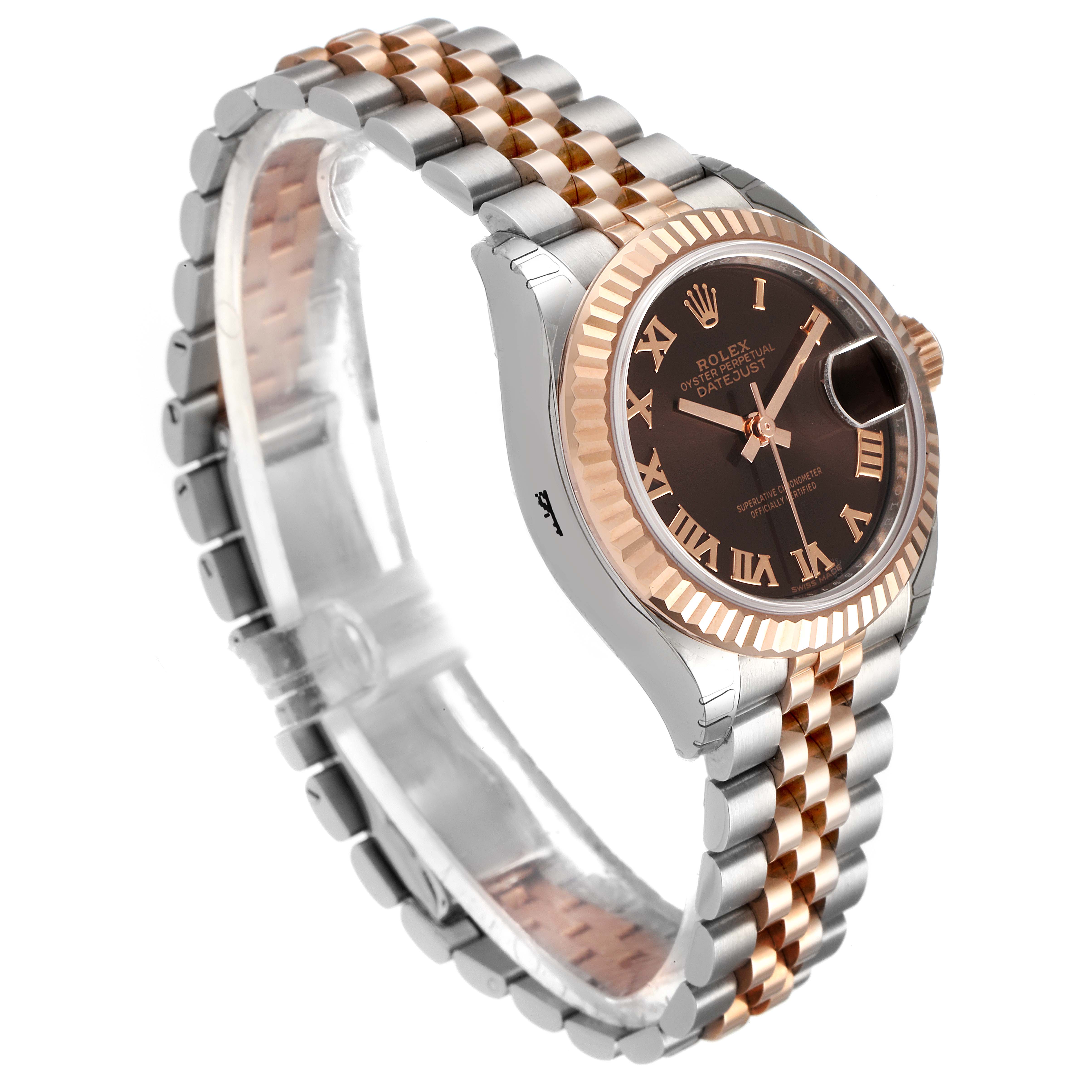 This Rolex Datejust 279171 Women's Steel and Gold (two tone) Brown Dial 279171 Women's Steel and Gold (two tone) Brown Dial watch is shown at a three-quarter angle, highlighting the face, bracelet, and fluted bezel.