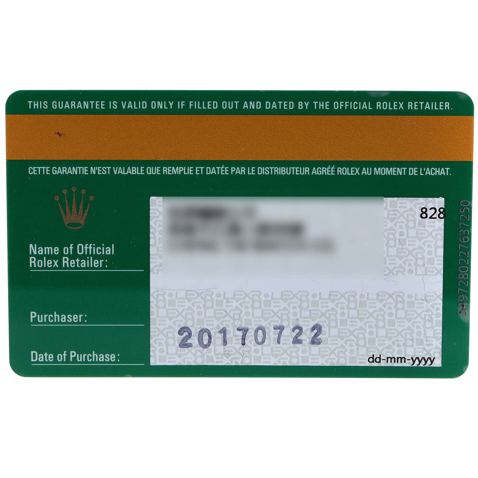This image shows the official guarantee card for the Rolex Datejust 279171 Women's Steel and Gold (two tone) Brown Dial 279171 Women's Steel and Gold (two tone) Brown Dial model.