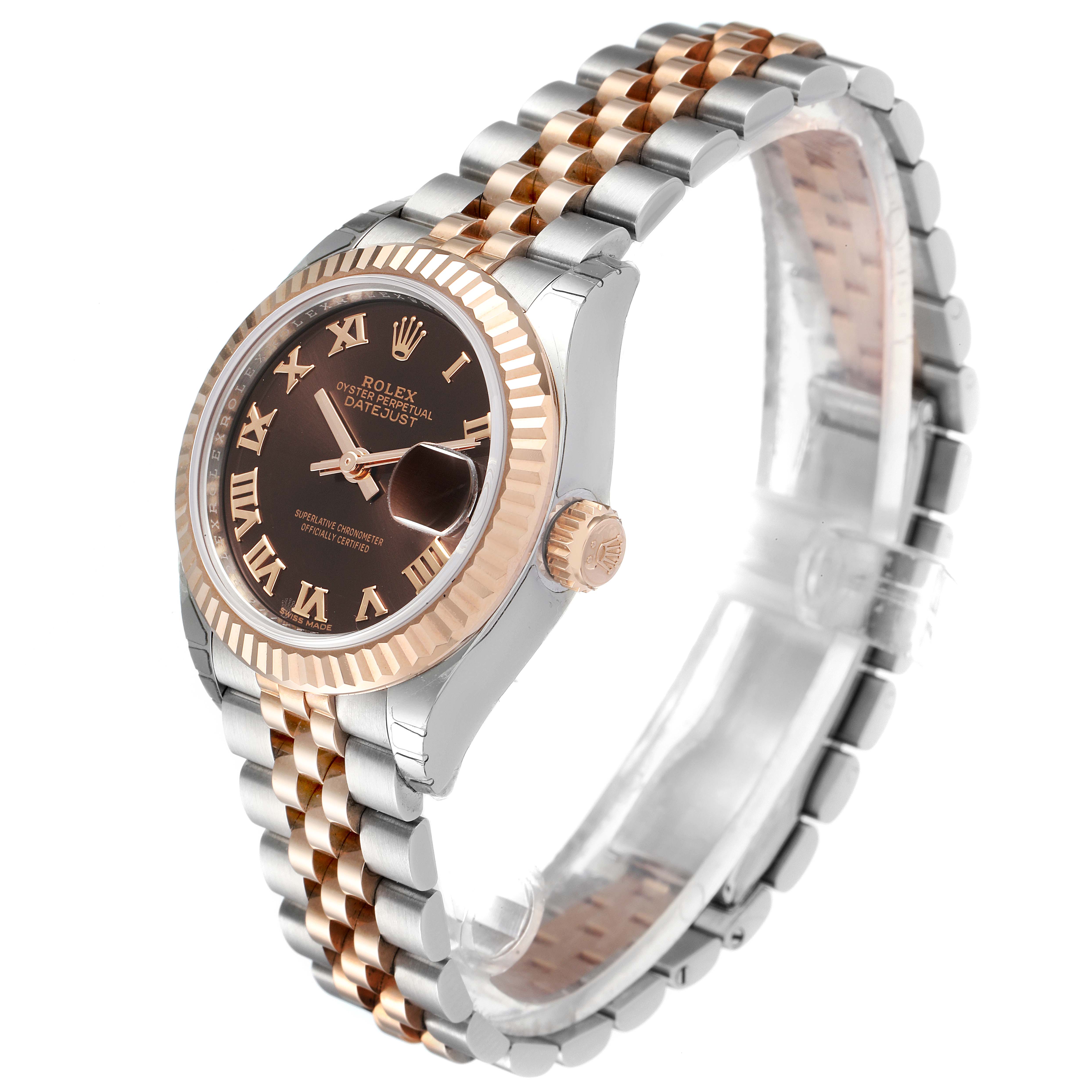 This image shows a side angle of the Rolex Datejust 279171 Women's Steel and Gold (two tone) Brown Dial 279171 Women's Steel and Gold (two tone) Brown Dial watch, highlighting the dial, bezel, crown, and two-tone bracelet.