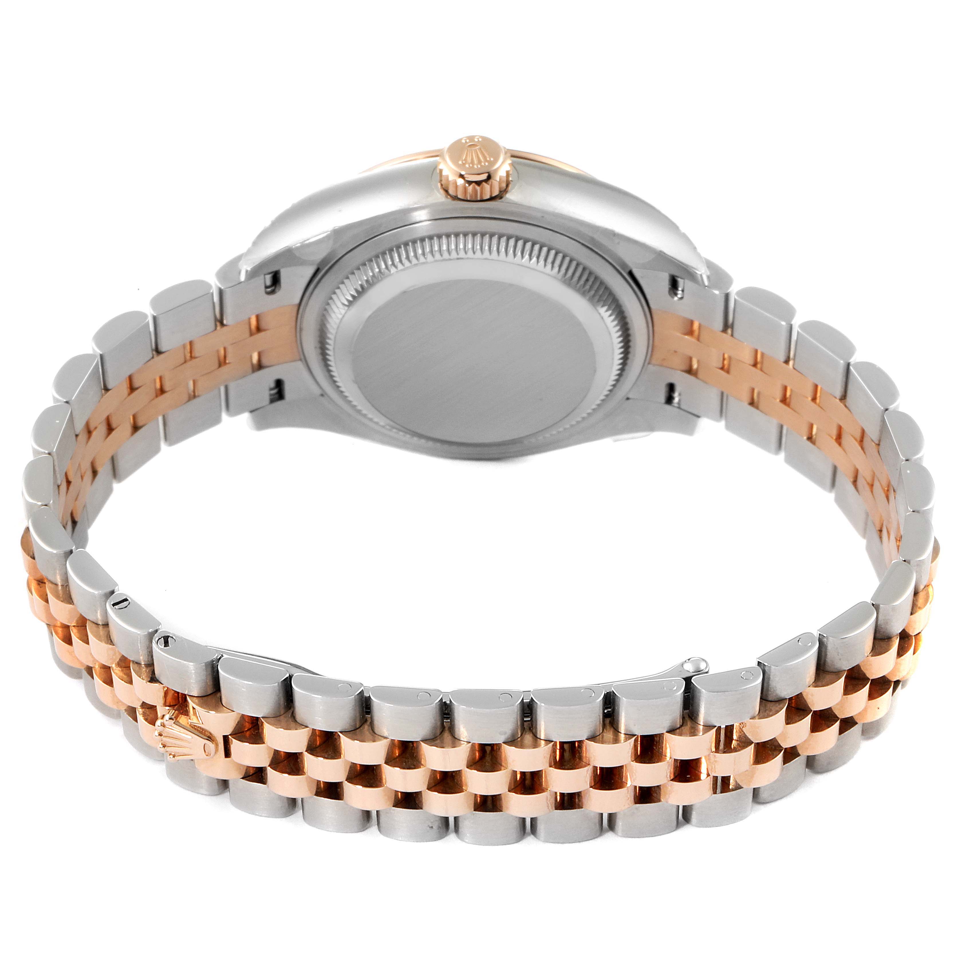 This image shows the back view of the Rolex Datejust 279171 Women's Steel and Gold (two tone) Brown Dial 279171 Women's Steel and Gold (two tone) Brown Dial watch, highlighting the case and the two-tone bracelet.