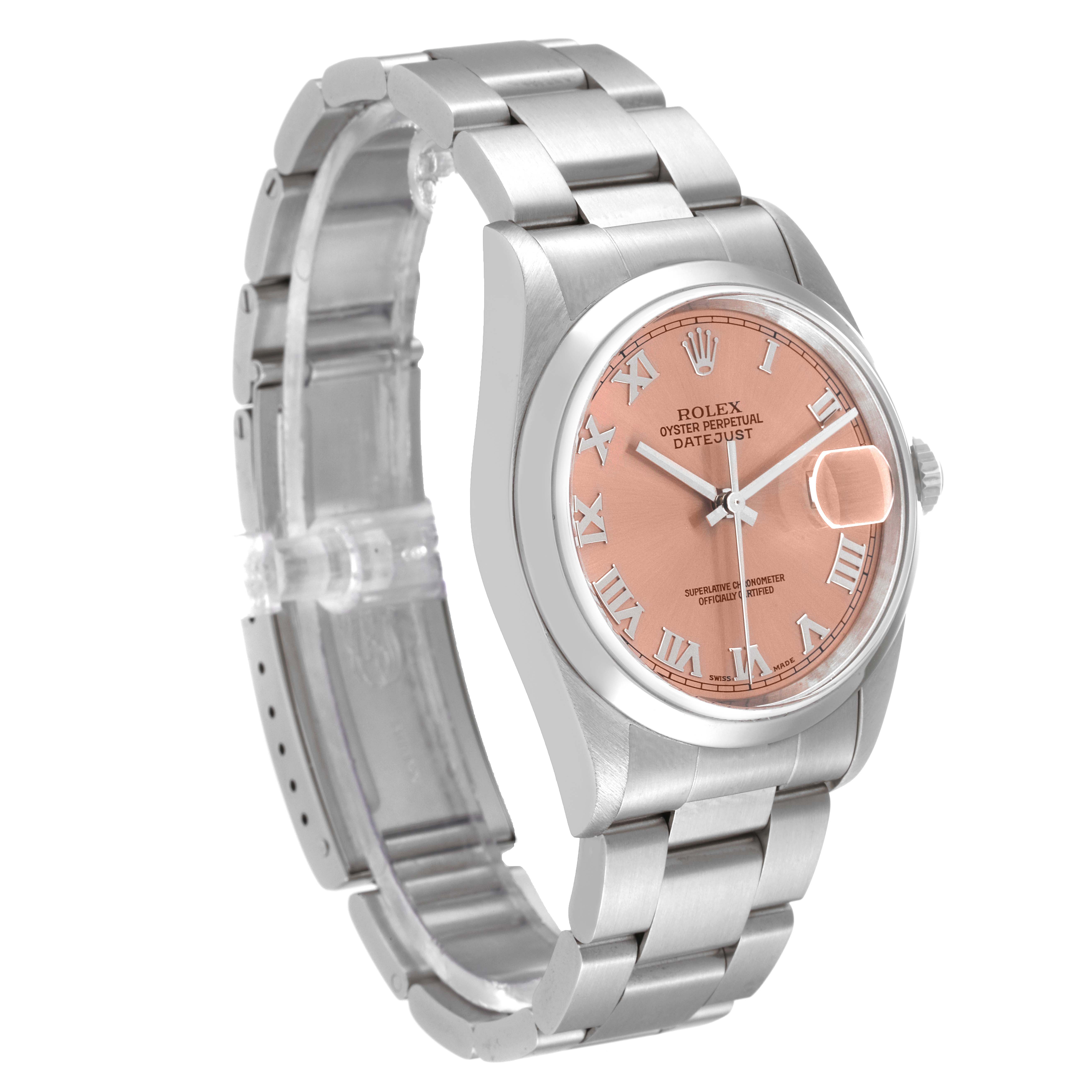 This image shows a side angle of a Rolex Datejust 16200 Men
s Stainless Steel Pink Dial 16200 Men
s Stainless Steel Pink Dial watch with a stainless steel bracelet and a salmon-colored dial.