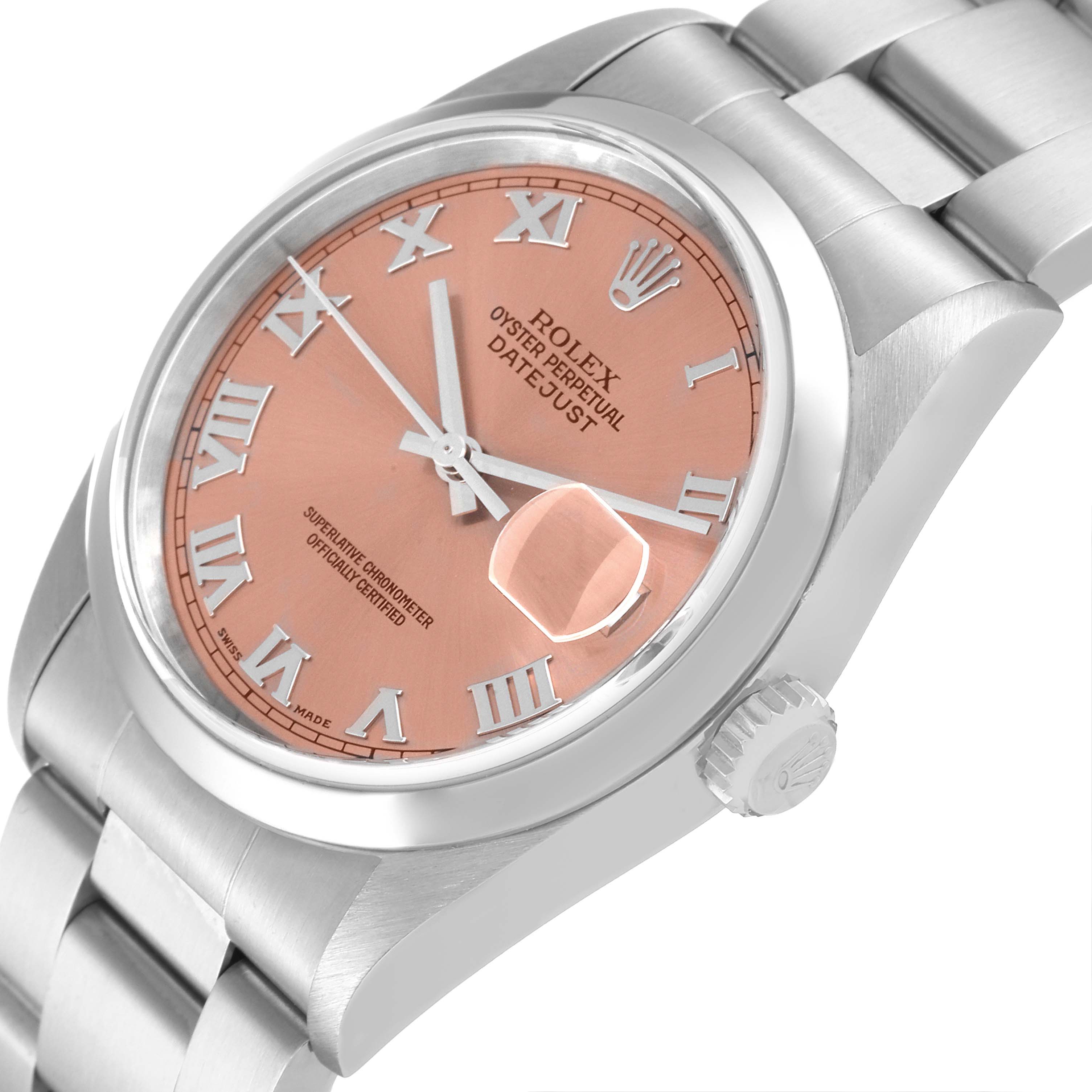 The image shows a close-up angled view of the Rolex Datejust 16200 Men
s Stainless Steel Pink Dial 16200 Men
s Stainless Steel Pink Dial watch, highlighting the pink dial, Roman numerals, and part of the bracelet.