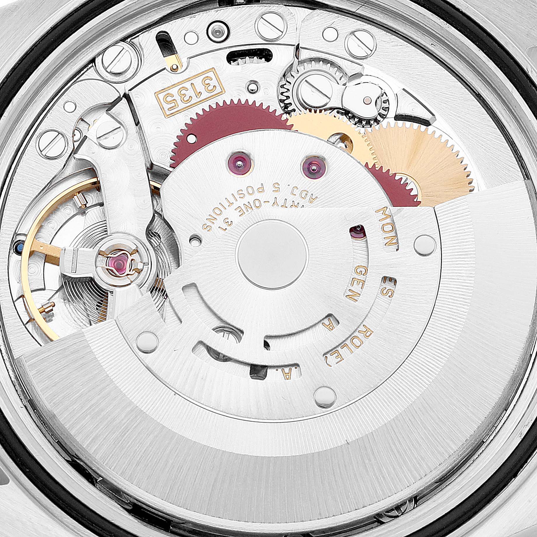 This image shows the intricate movement and internal mechanics of the Rolex Datejust 16200 Men
s Stainless Steel Pink Dial 16200 Men
s Stainless Steel Pink Dial watch from the back side.