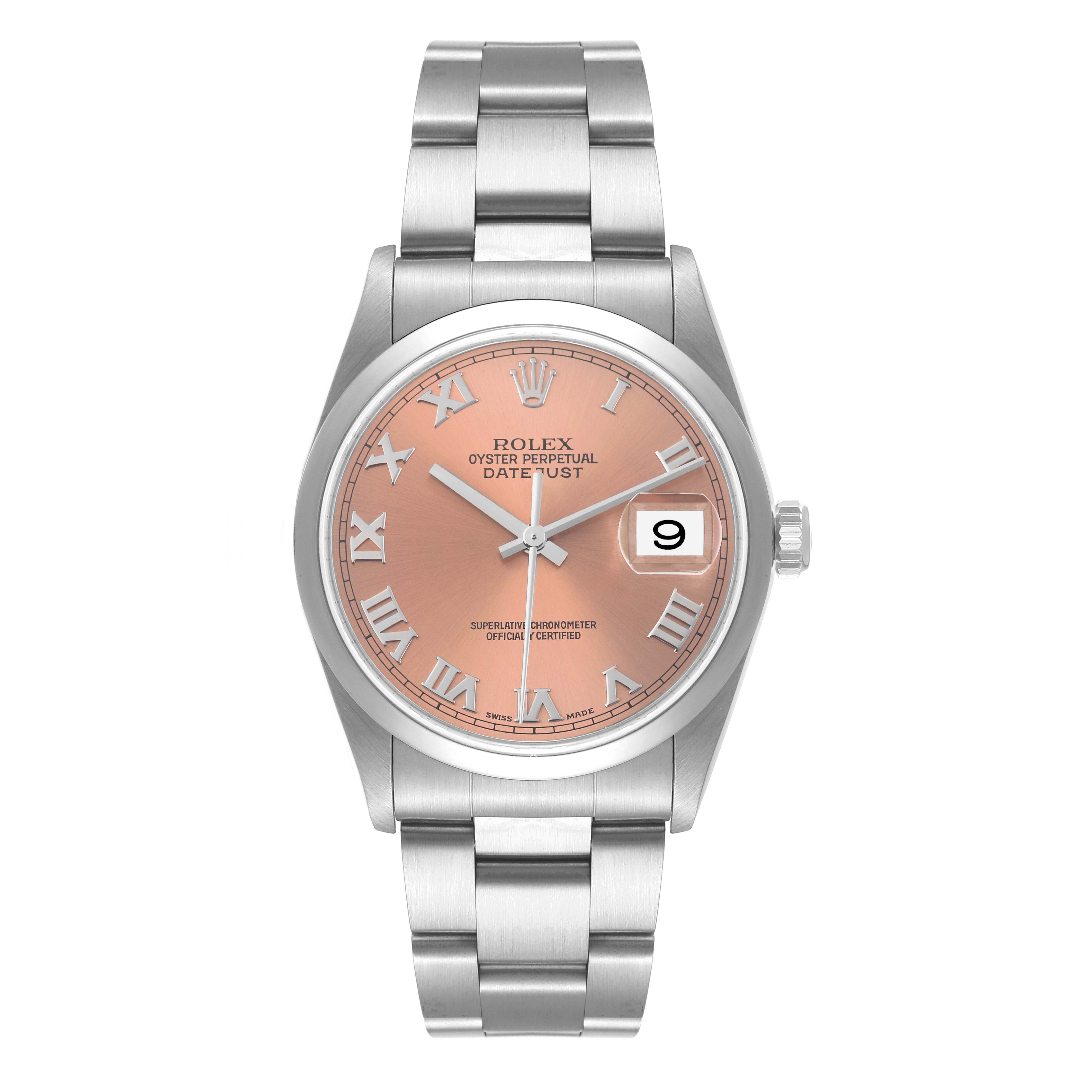 The image shows the front view of a Rolex Datejust 16200 Men
s Stainless Steel Pink Dial 16200 Men
s Stainless Steel Pink Dial watch, showcasing its dial, hands, and bracelet.