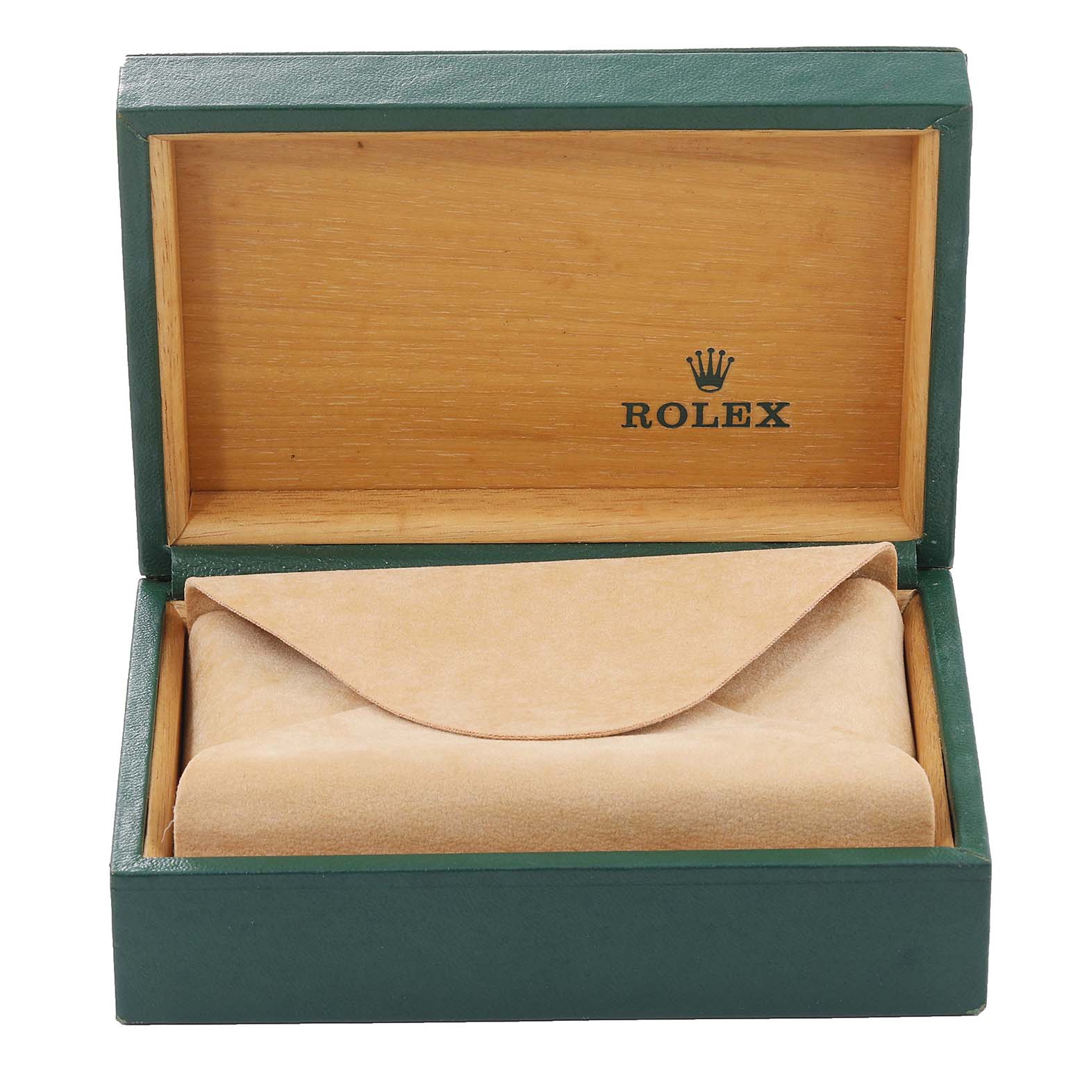 The image shows a Rolex Datejust 16200 Men
s Stainless Steel Pink Dial 16200 Men
s Stainless Steel Pink Dial watch box from the front, opened to reveal a protective pouch inside.