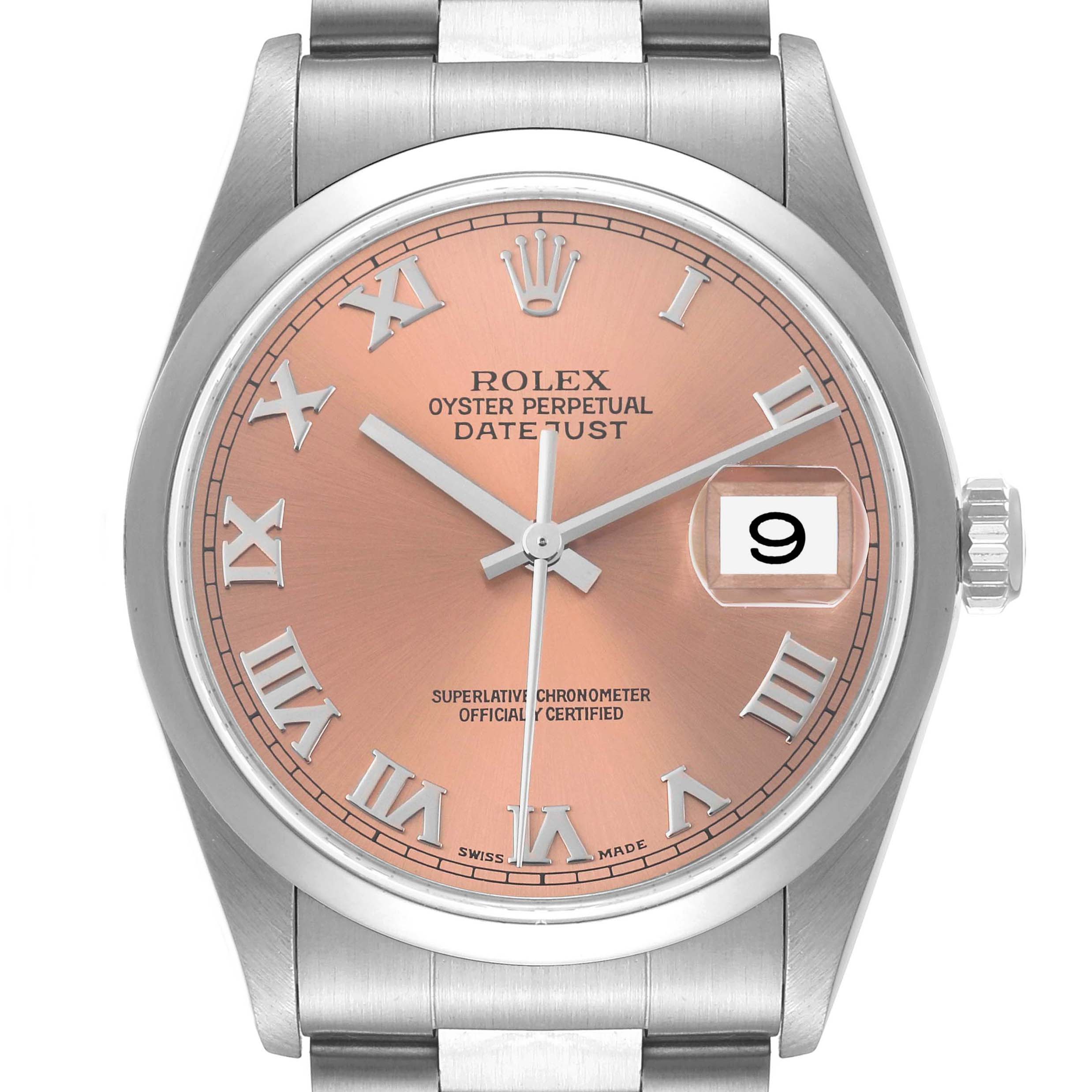 This image shows a front view of the Rolex Datejust 16200 Men
s Stainless Steel Pink Dial 16200 Men
s Stainless Steel Pink Dial watch, highlighting the dial, hands, date display, and part of the bracelet.