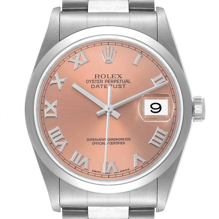 Rolex Datejust 36 Salmon Roman Dial Smooth Bezel Steel Mens Watch 16200 SwissWatchExpo