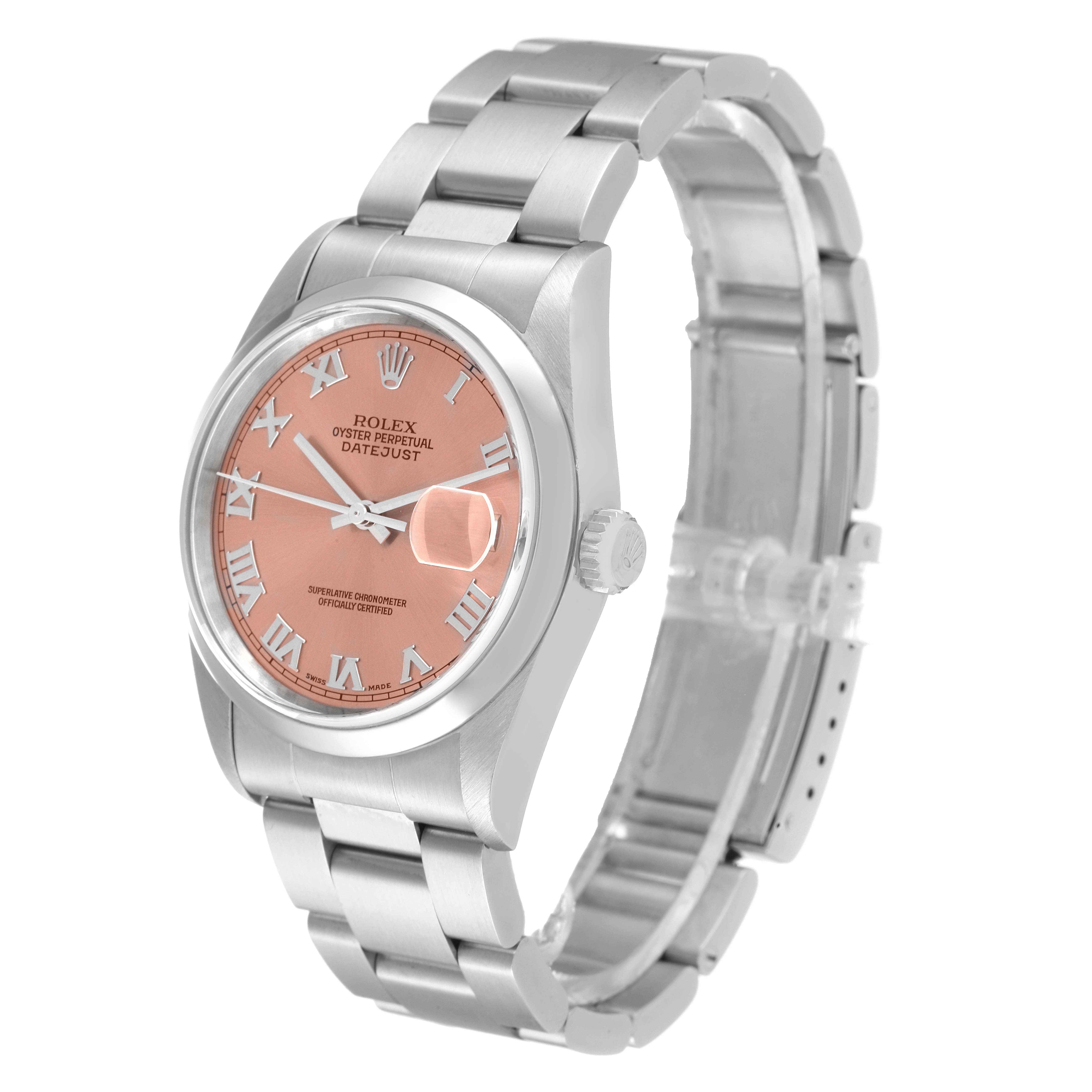 The Rolex Datejust 16200 Men
s Stainless Steel Pink Dial 16200 Men
s Stainless Steel Pink Dial watch is shown at a three-quarter angle, displaying the dial, bezel, crown, and bracelet.
