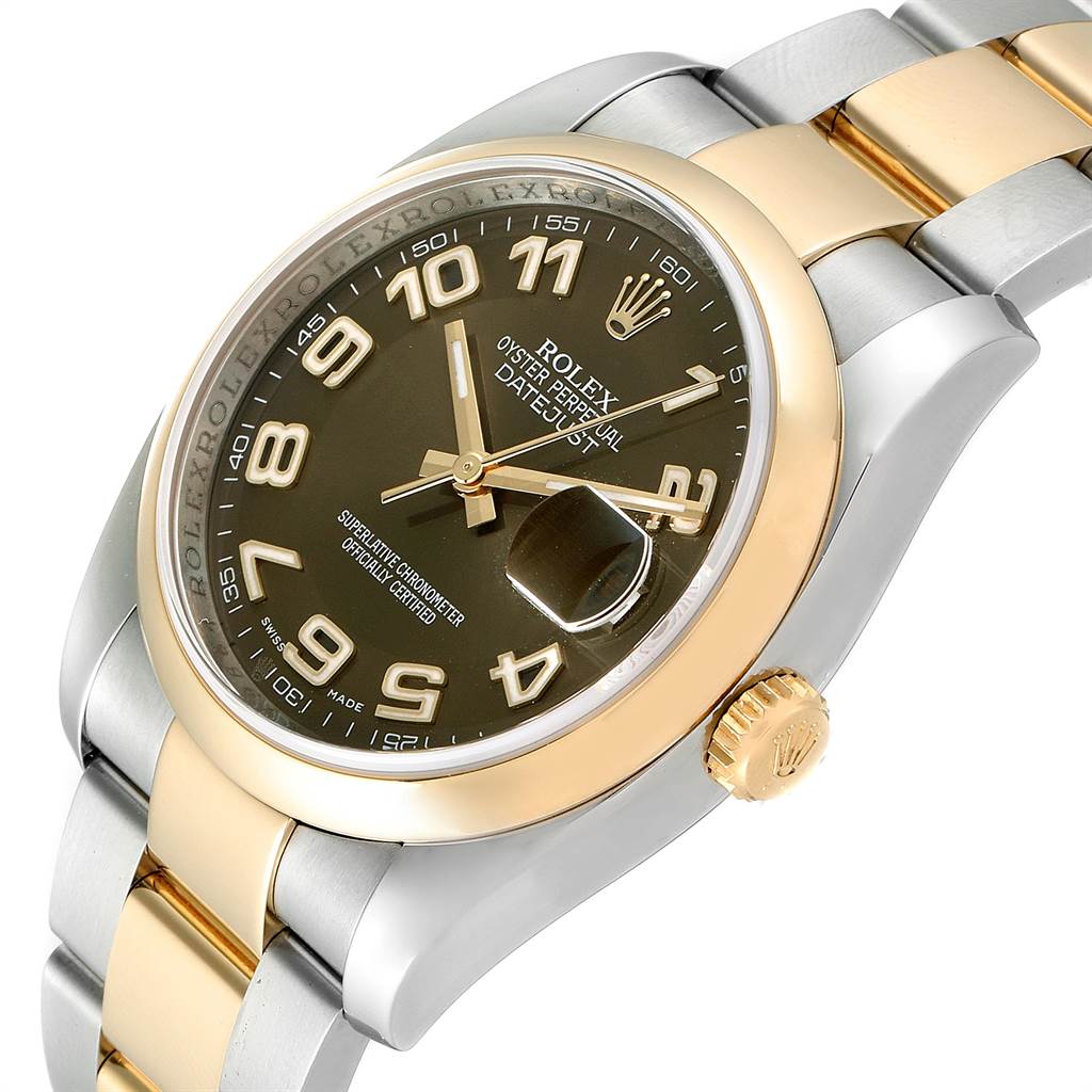 This image shows the front and side view of the Rolex Datejust 116203 Men's Steel and Gold (two tone) Brown Dial 116203 Men's Steel and Gold (two tone) Brown Dial watch, highlighting the dial, bezel, crown, and part of the bracelet.