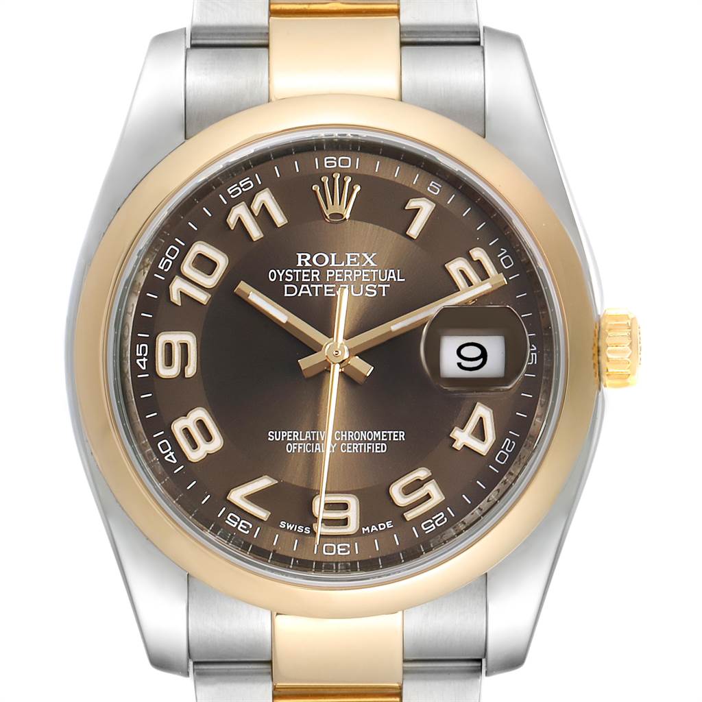 This image shows a close-up, front view of the Rolex Datejust 116203 Men's Steel and Gold (two tone) Brown Dial 116203 Men's Steel and Gold (two tone) Brown Dial watch, highlighting its dial, bezel, and part of the bracelet.