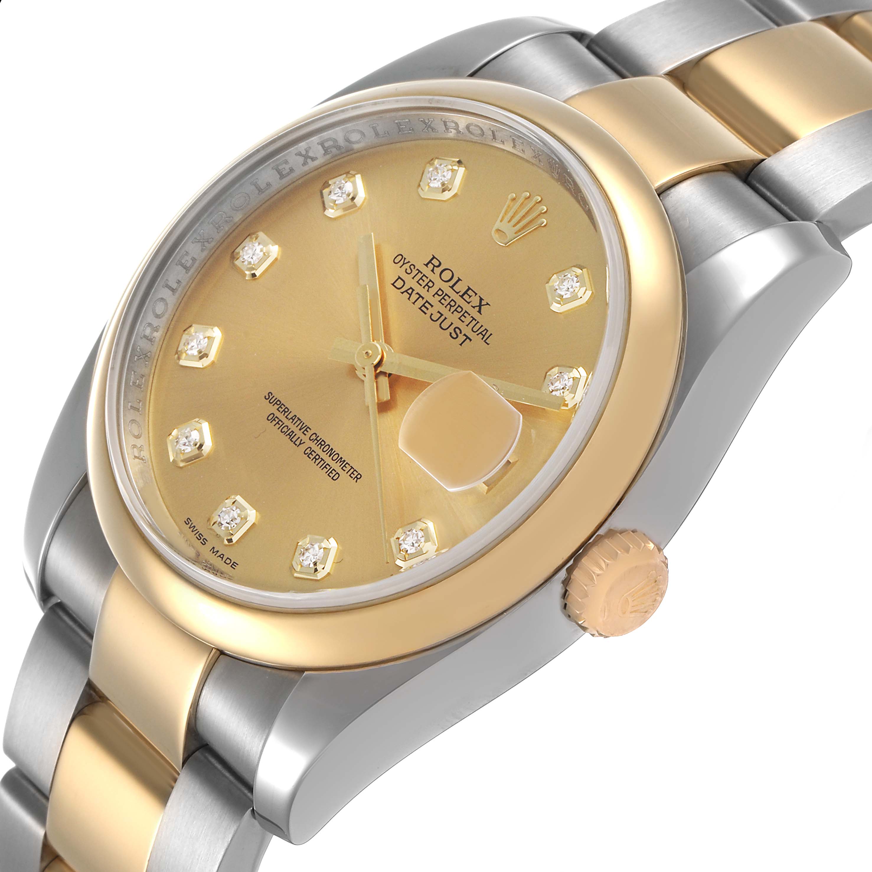 The Rolex Datejust 116203 Men's Steel and Gold (two tone) Champagne Dial watch is shown at an angle highlighting the gold dial, diamond markers, bezel, and two-tone bracelet.