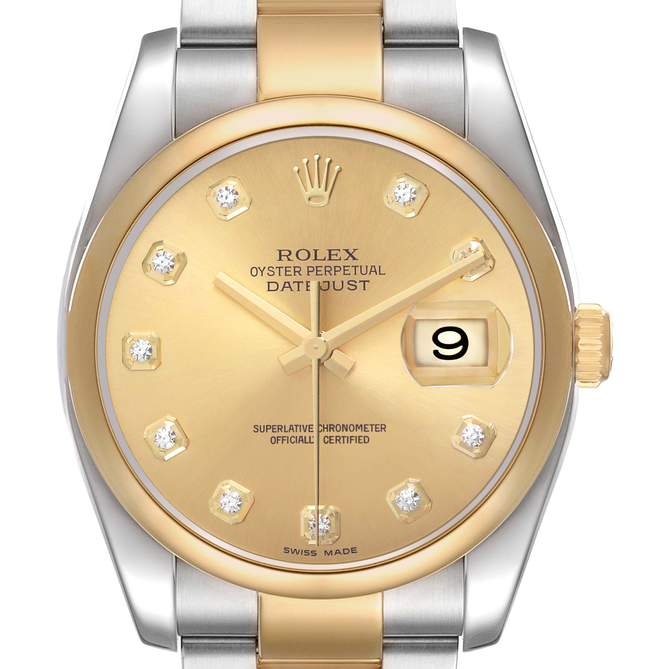 The Rolex Datejust 116203 Men's Steel and Gold (two tone) Champagne Dial is shown from a front angle, highlighting the dial, bezel, and part of the bracelet.