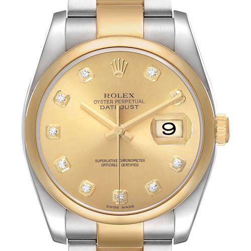 The image shows a front view of a Rolex Datejust 116203 Men's Steel and Gold (two tone) Champagne Dial watch, highlighting the dial, bezel, and crown.