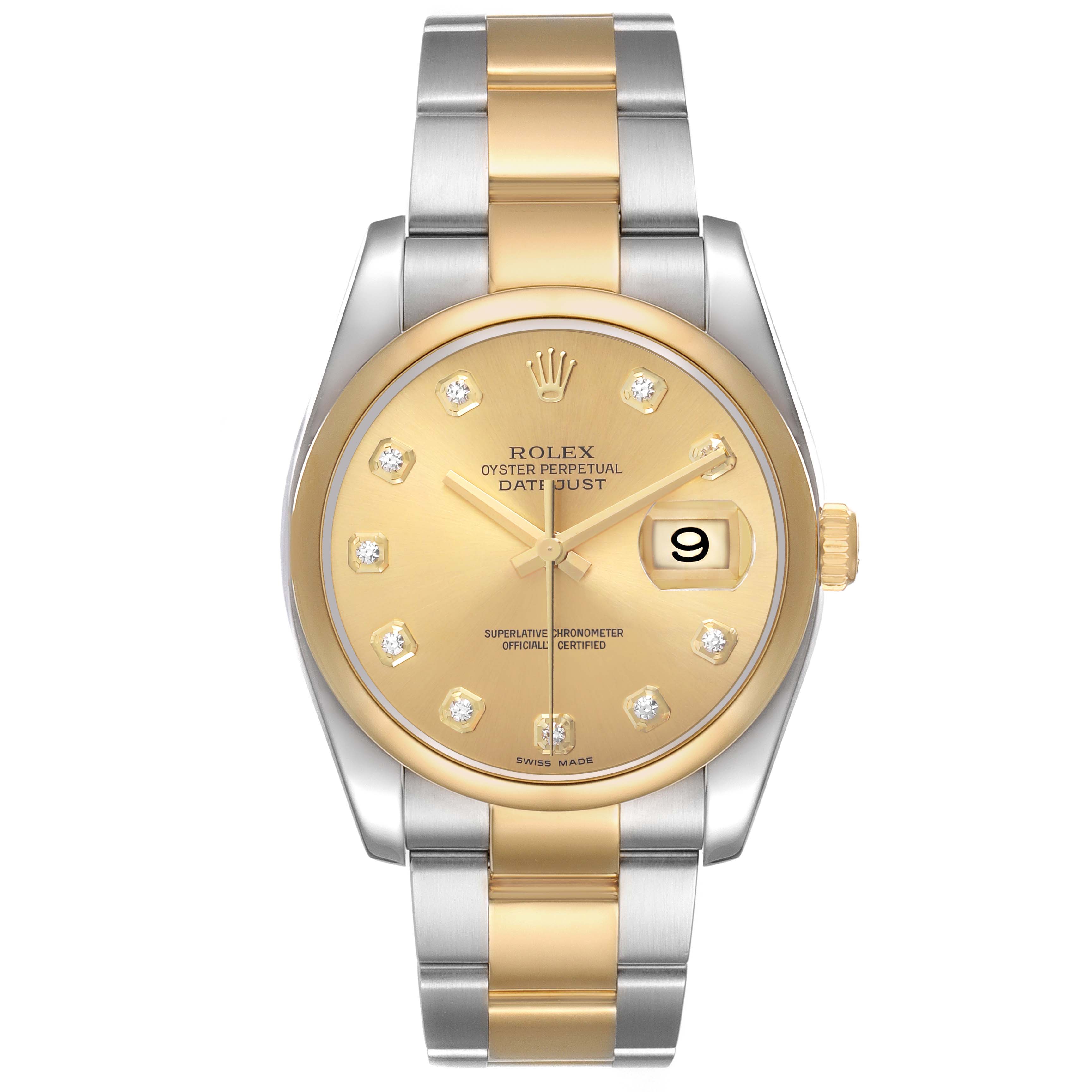 The Rolex Datejust 116203 Men's Steel and Gold (two tone) Champagne Dial watch is shown from a straight-on angle, highlighting its gold and silver bracelet and diamond hour markers.