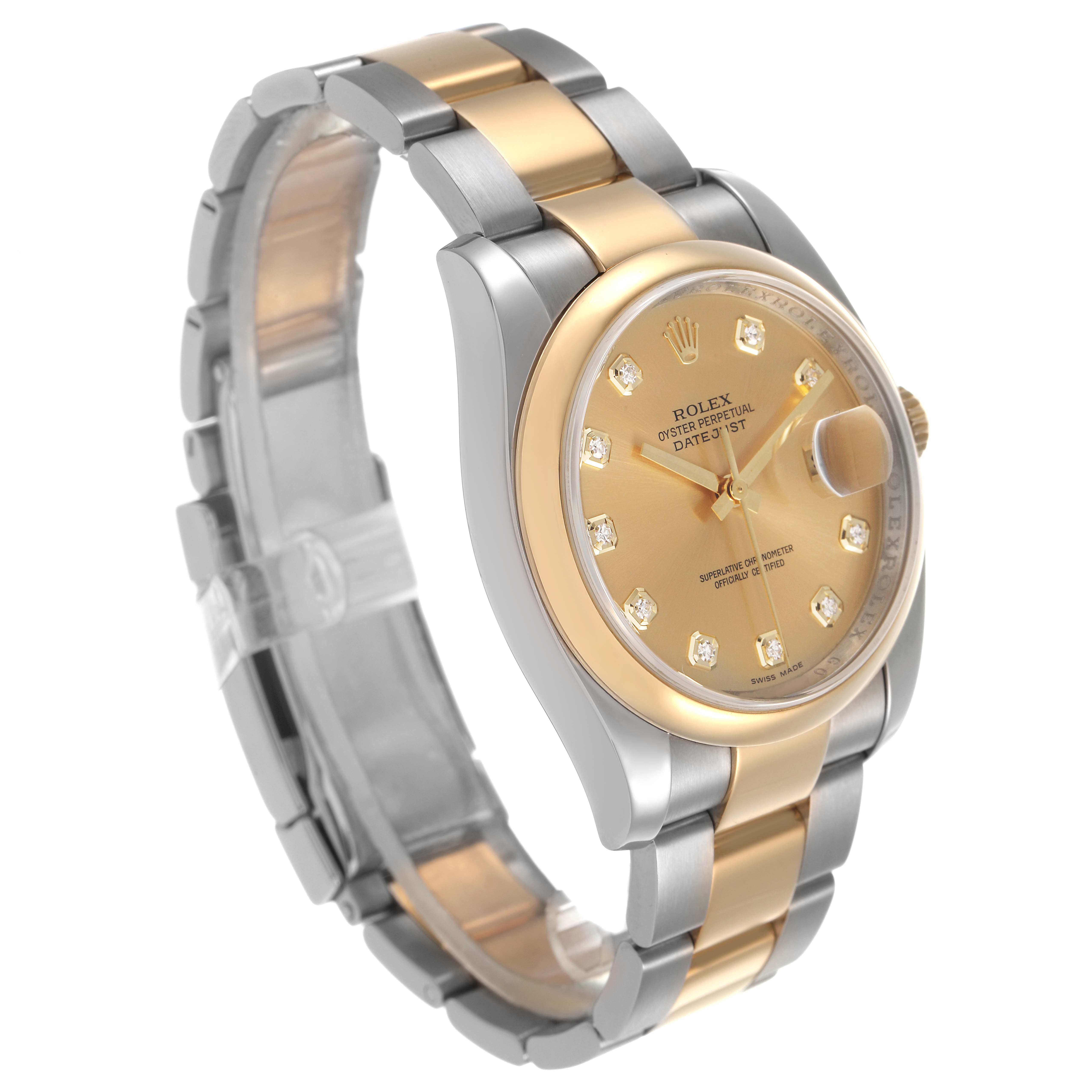 The Rolex Datejust 116203 Men's Steel and Gold (two tone) Champagne Dial watch is shown at a three-quarter angle, displaying the gold dial, bezel, bracelet, and diamond hour markers.