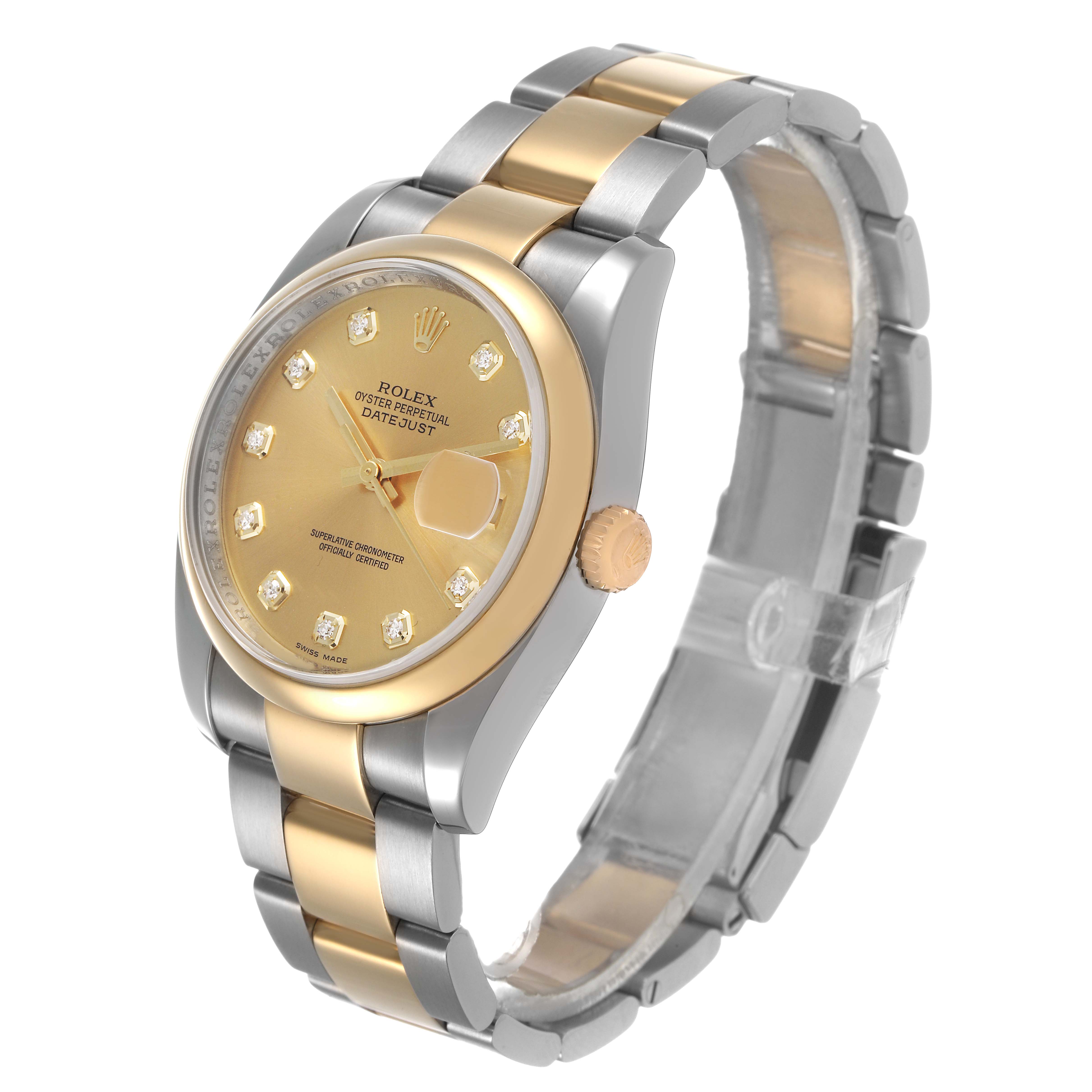 The Rolex Datejust 116203 Men's Steel and Gold (two tone) Champagne Dial watch is shown at a three-quarter angle, displaying the face, bezel, and bracelet.
